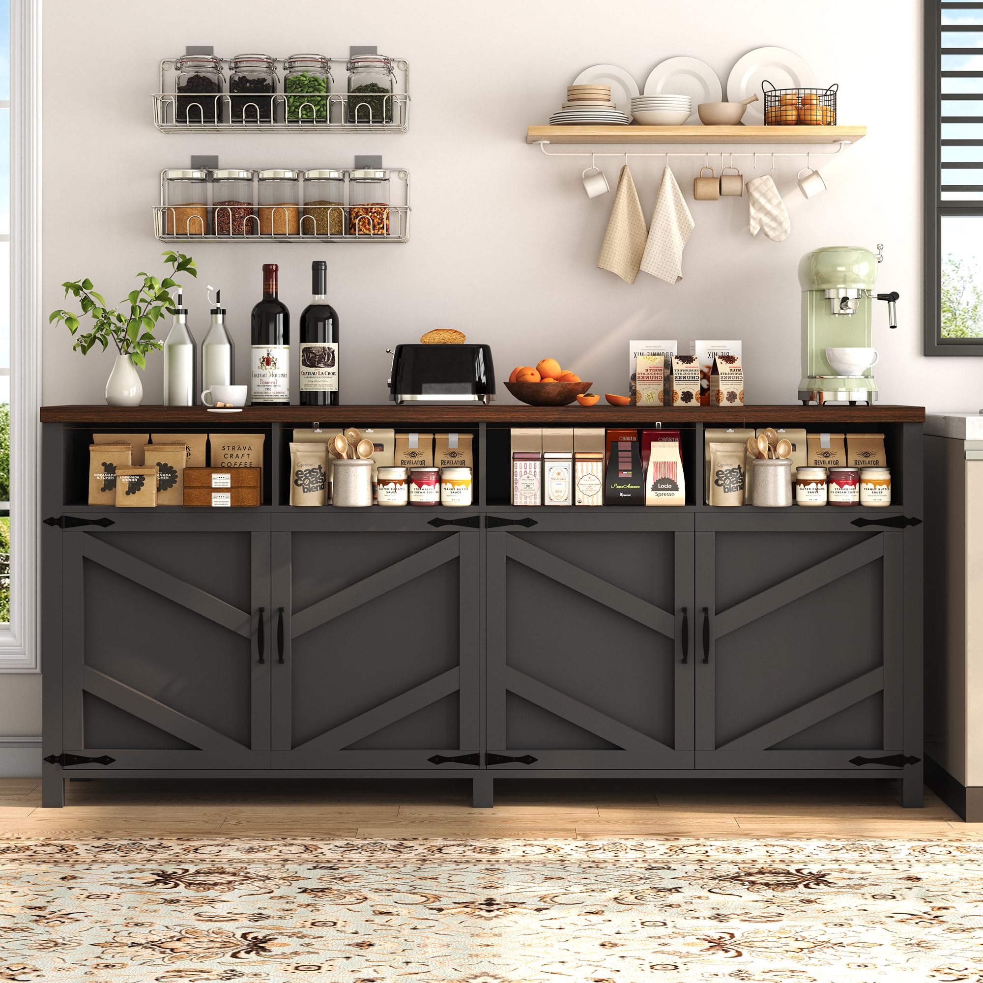 knoworld 63'' Buffet Sideboard with Storage Farmhouse with 4 Doors, Large Kitchen Storage Cabinet Wood Coffee Bar Cabinet Buffet Table with Shelves for Kitchen, Dining Room, Entryway