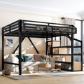 KEIKI Queen Size Loft Bed with Storage Stairs for Adults, Heavy Duty Bunk Beds with Shelves, Wardrobe, Metal Bedframe with USB Ports for Bedroom, Natural