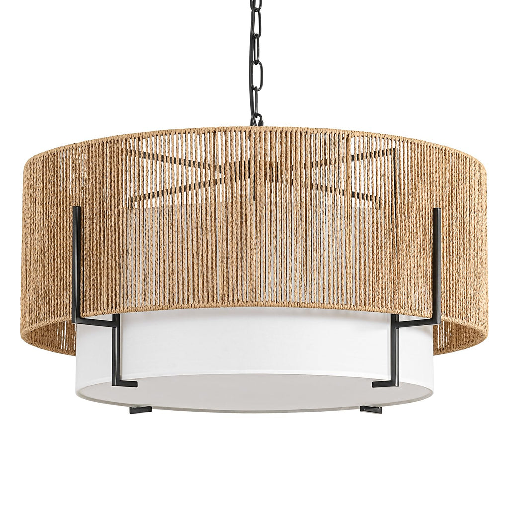 25.6" Large Rattan Chandelier, 6-Light Boho Pendant Light with Fabric Shade, Farmhouse Rattan Hanging Ceiling Light Fixture for Dining Room, Living Room, Kitchen Island, Bedroom, Hallway, Foyer