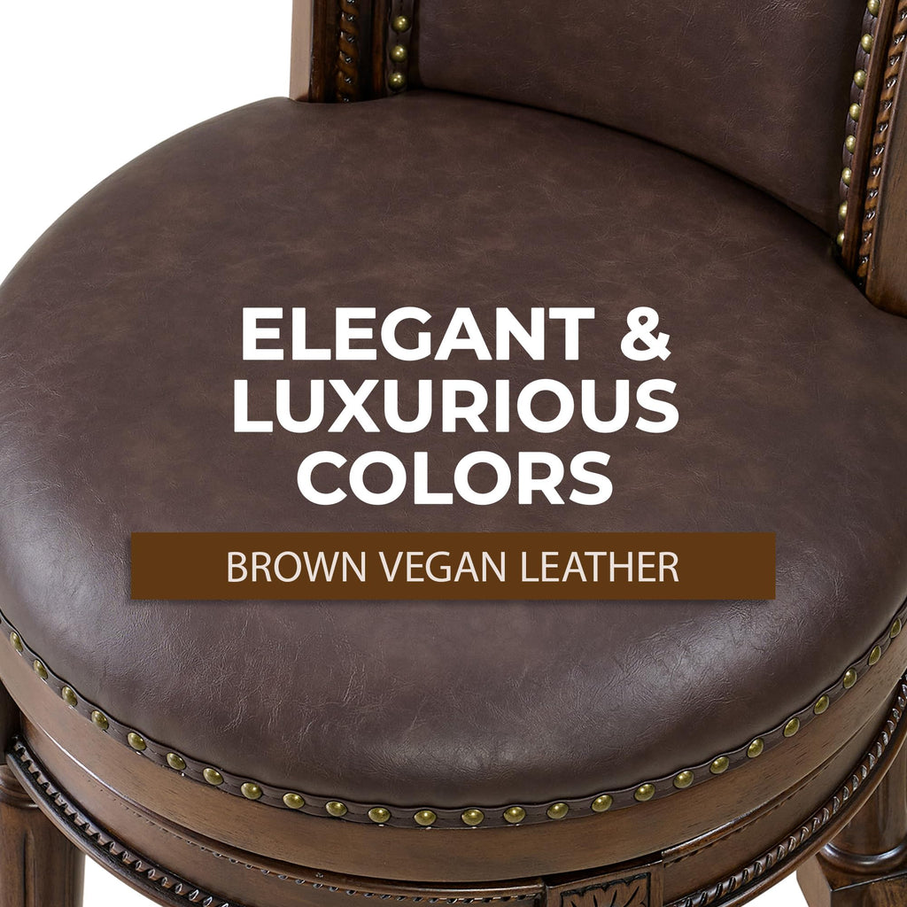 ROME + OAK Runyan 26" Swivel Counter Stool, Rotating High Back Barstool in Dark Walnut Finish with Vintage Brown Vegan Leather Seat