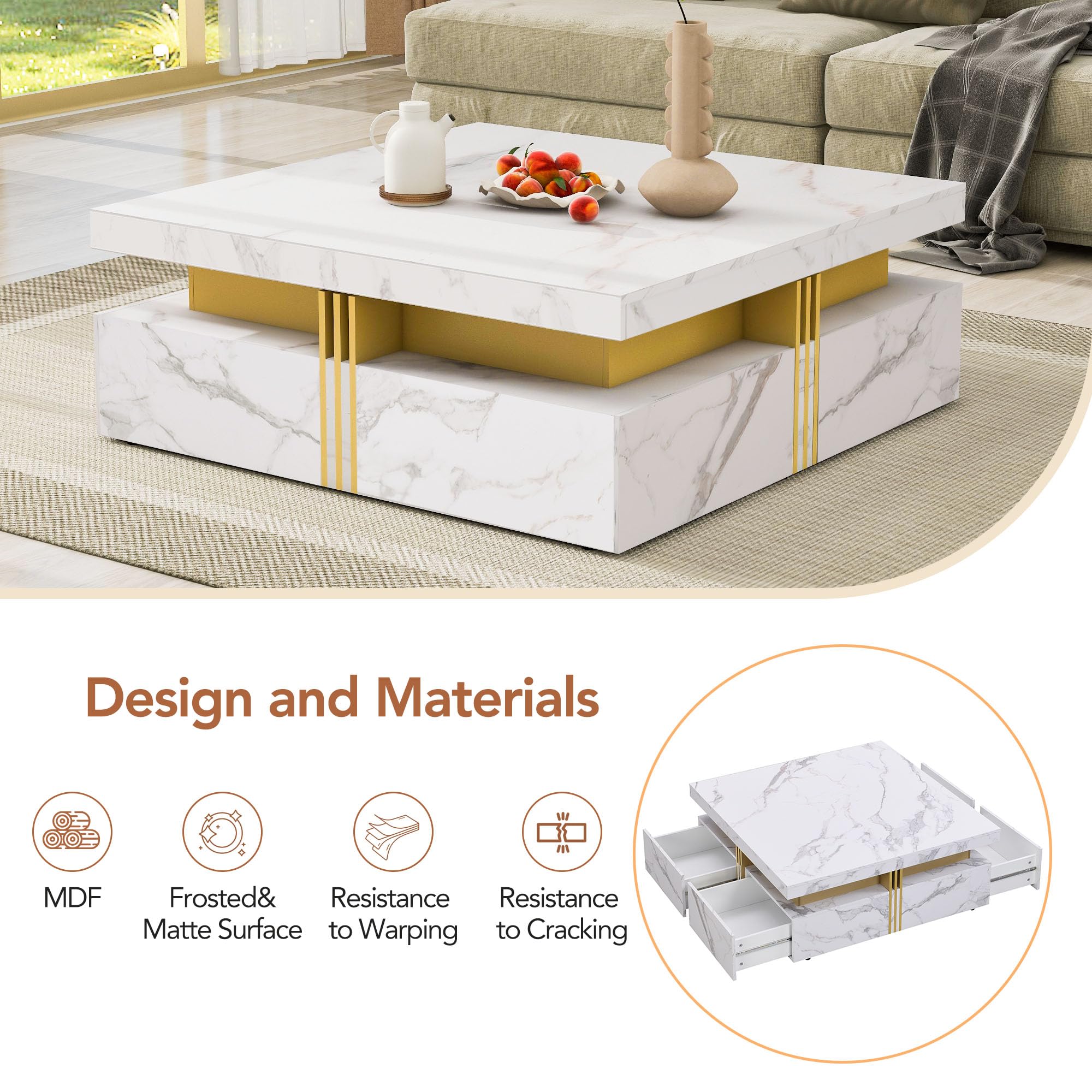 Merax Modern White and Gold Square Coffee Table with 4 Drawers, Ample Hidden Storage, Durable MDF Construction, Sleek Accent End Table for Living Room, Lounge, and Apartment Decor, White