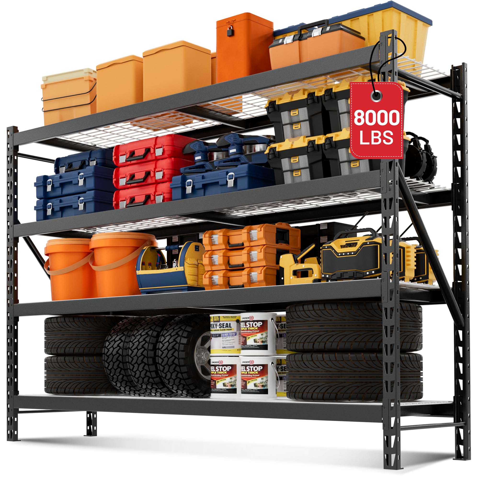 WORKPRO 8000LBS Storage Shelves, 77" Extra-Wide Garage Shelving, Heavy-Duty Metal Shelving Unit, Adjustable 4-Tier Garage Storage Rack for Warehouse, Basement,77" W X 24" D X 72" H, Black