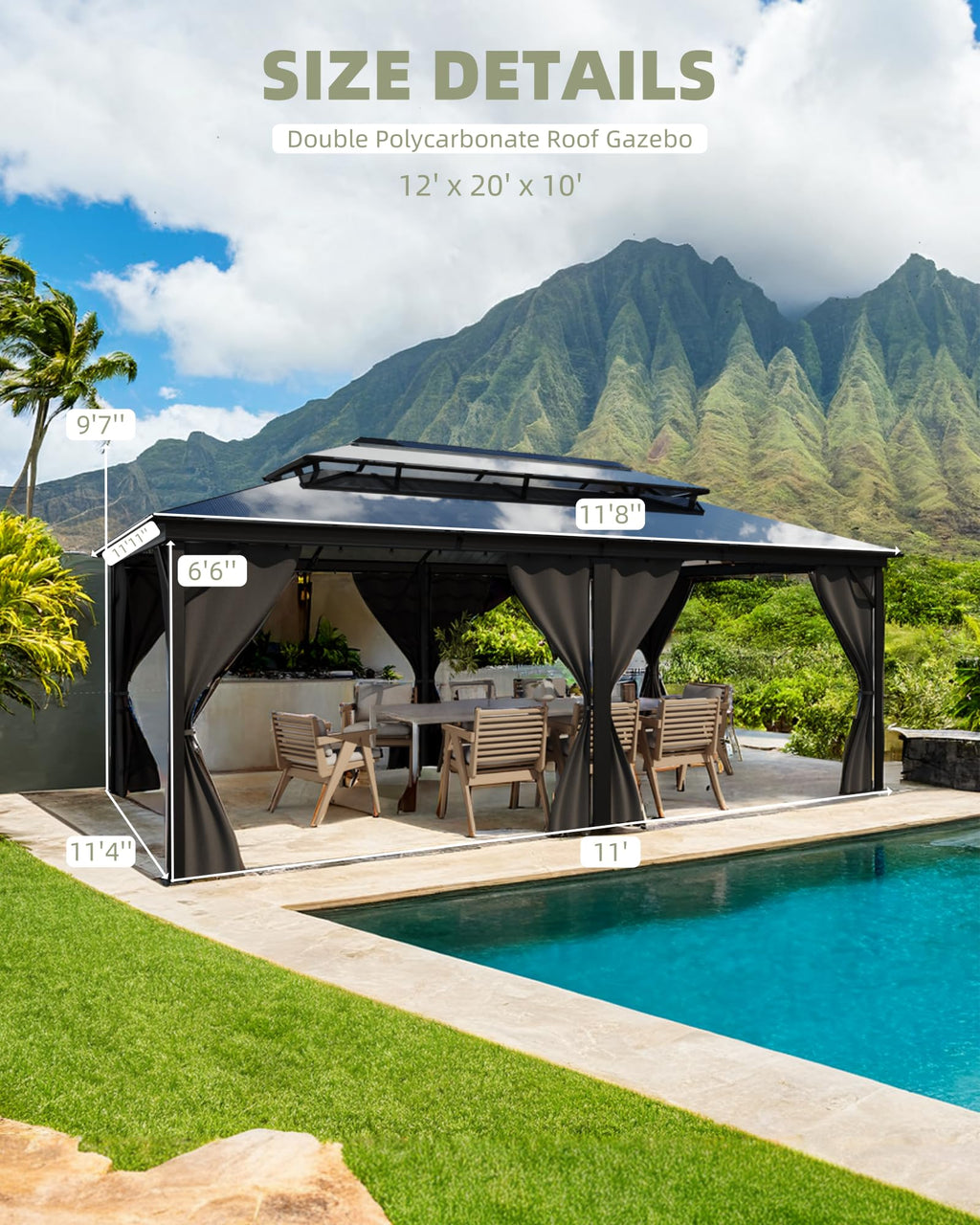GarveeLife Hardtop Gazebo 12 ft x20 ft for All Weather, Double Polycarbonate Sheets Roof, Aluminum Alloy Frame, Net, and Curtain, Permanent Building for Patio, Deck, Backyard, Lawn, and Garden