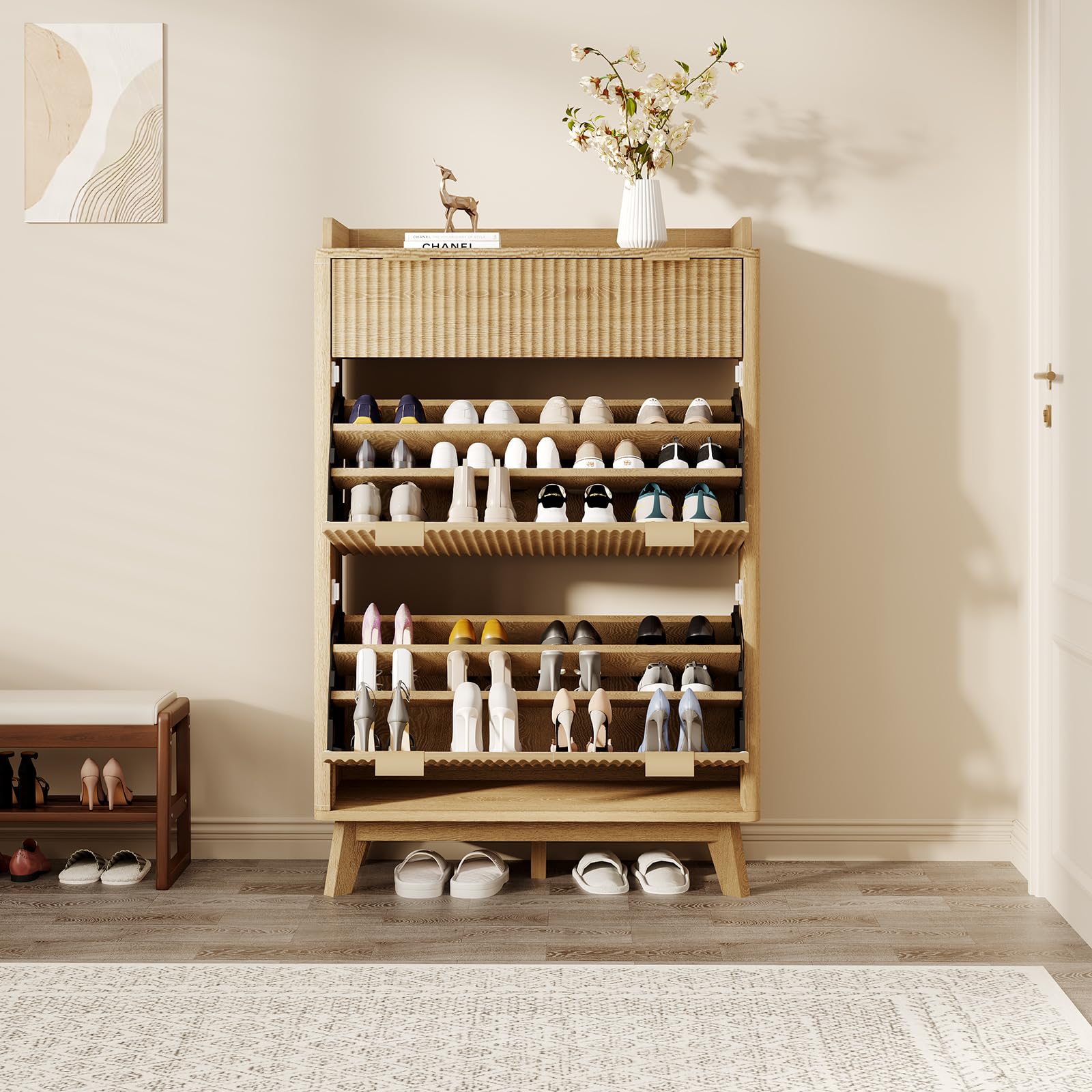 IDEALHOUSE 48" Tall Freestanding Fluted Shoe Storage Cabinet with 2 Flip Drawers, Hidden Narrow Shoe Rack Organizer Cabinet Storage for Entryway Living Room