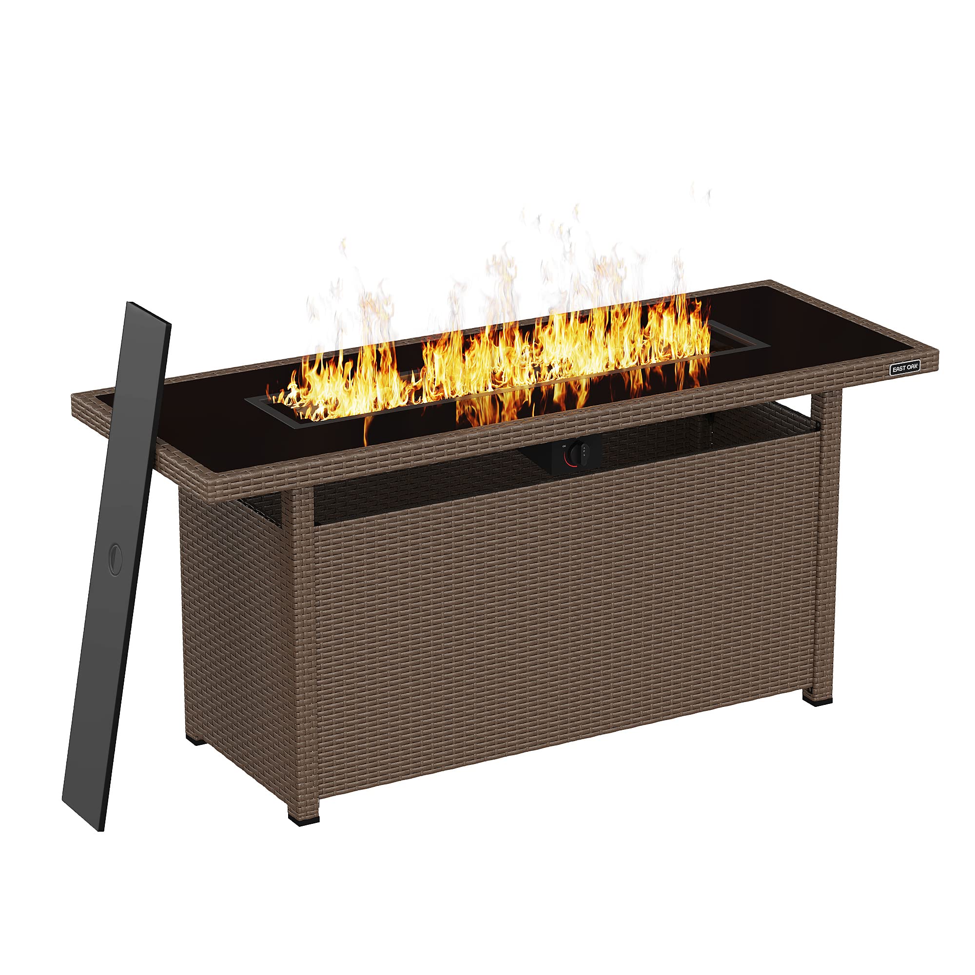 EAST OAK 57" Gas Fire Pit Table, 60,000 BTU Propane Fire Pit w/Large Tempered Glass Desktop, CSA Certified Outdoor Patio Fire Table with 9.2lb Glass Stone & Removable Lid, Chocolaty Coffee