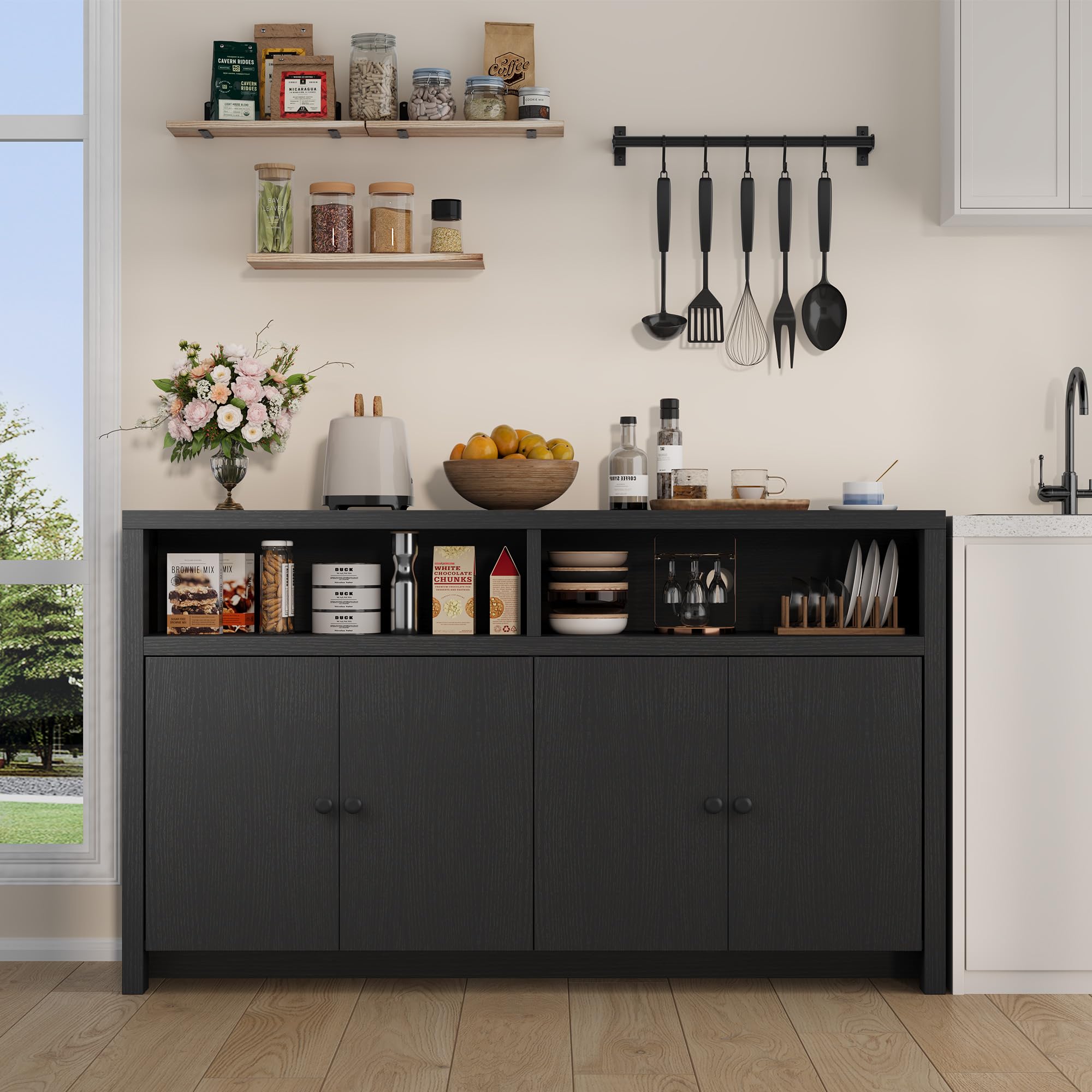 IDEALHOUSE Buffet Sideboard Cabinet with Storage, 55" Large Farmhouse Kitchen Storage Cabinet with 4 Doors & Adjustable Shelves, Wood Coffee Bar Cabinet for Kitchen, Dining Room, Living Room