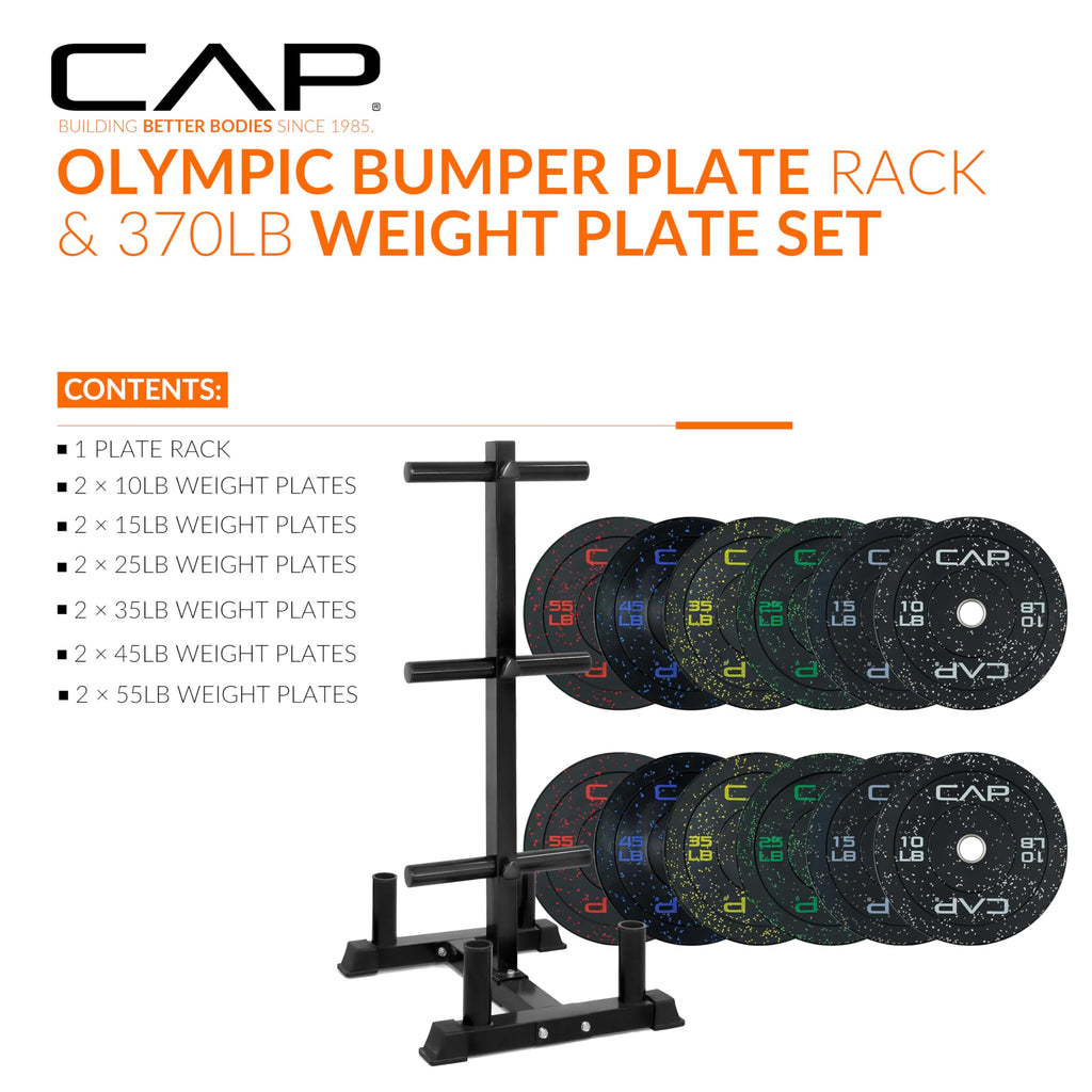 CAP Barbell 370 lb Economy - Speckled Olympic Plate Set with Traditional Plate Rack & Barbell Storage | 6 Weight Posts + 4 Barbell Holders