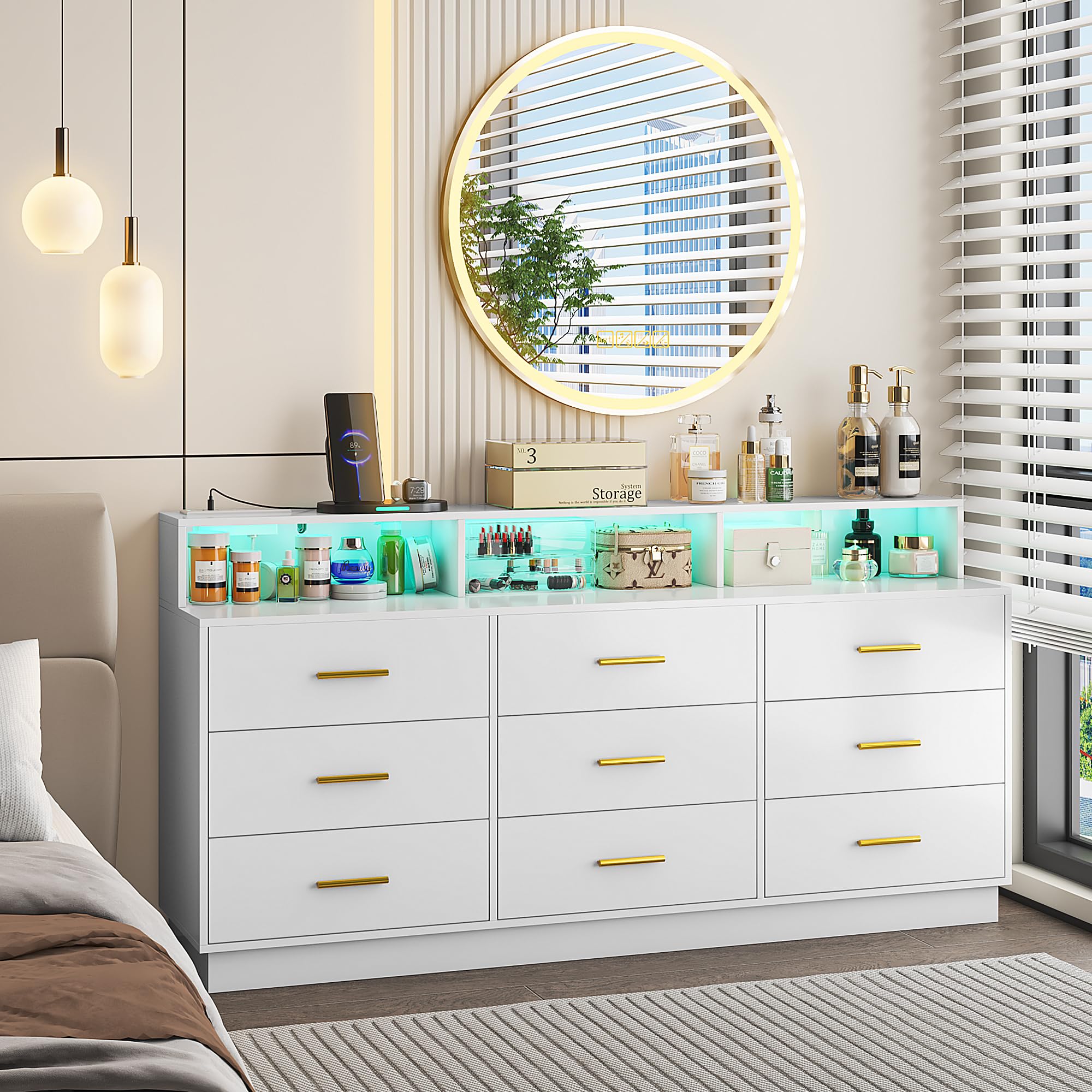 UNIQUITE White 9 Drawer Dressers for Bedroom, Modern Large Dresser with LED Light and Power Outlet, Wooden Long Dresser for Bedroom, Entryway, Hallway