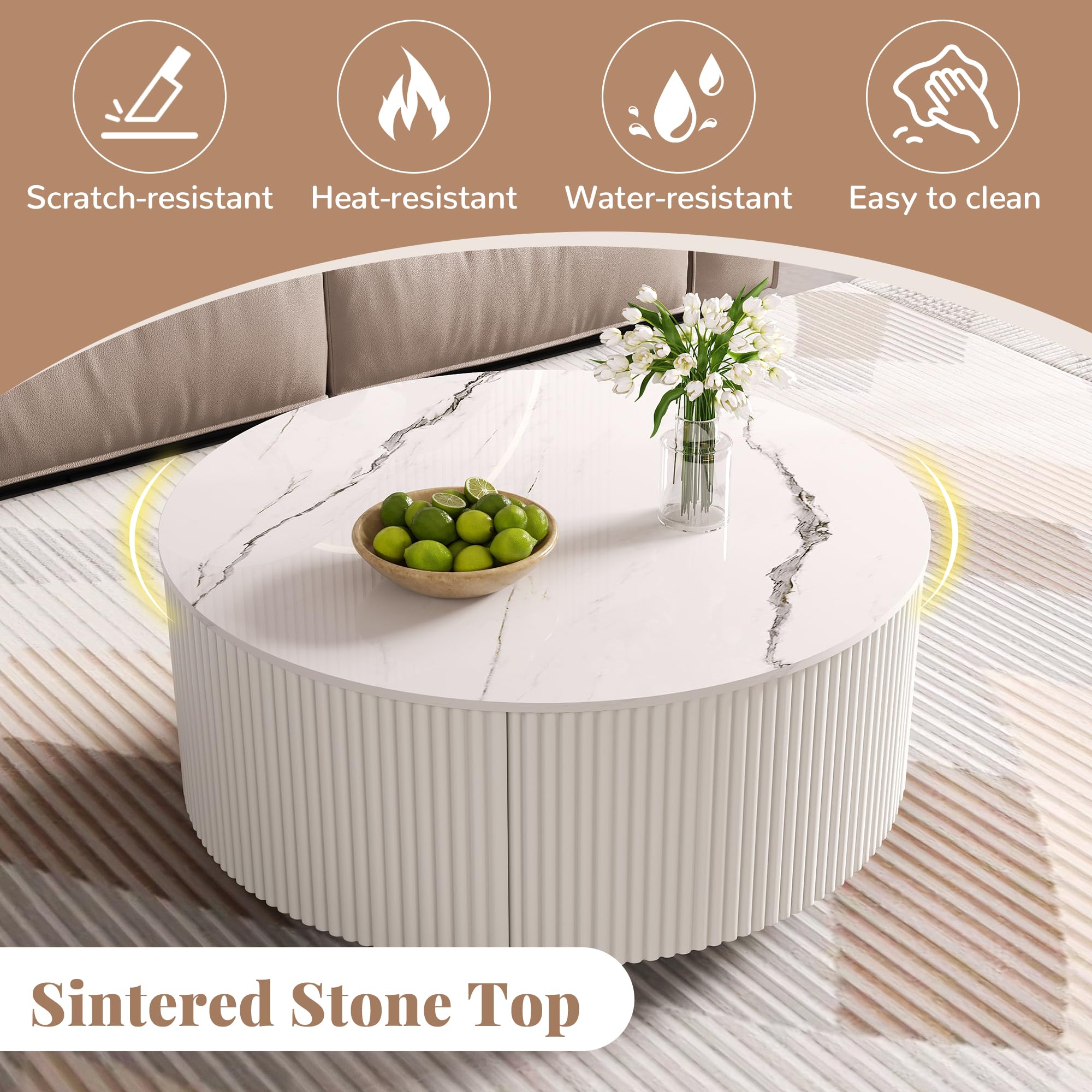 Merax 29.5" Round Fluted Coffee Table for Living Room, Movable Accent Table with Casters and 2 Storage Drawers, Marble Pattern Sintered Stone Top, White