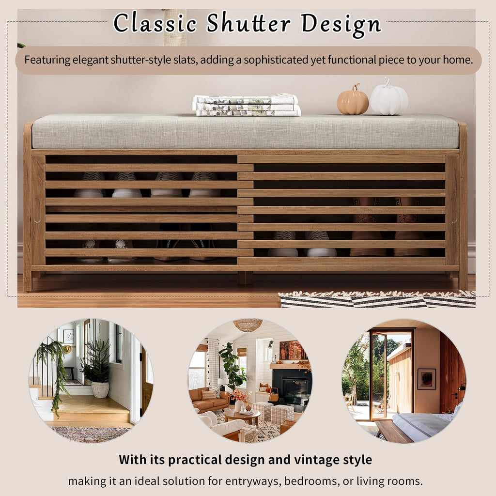 Merax Multipurpose Entryway Storage Bench with Shutter Doors, 43.3" Wooden Shoe Organizer with Upholstered Seat for Entryway, Hallway and Living Room