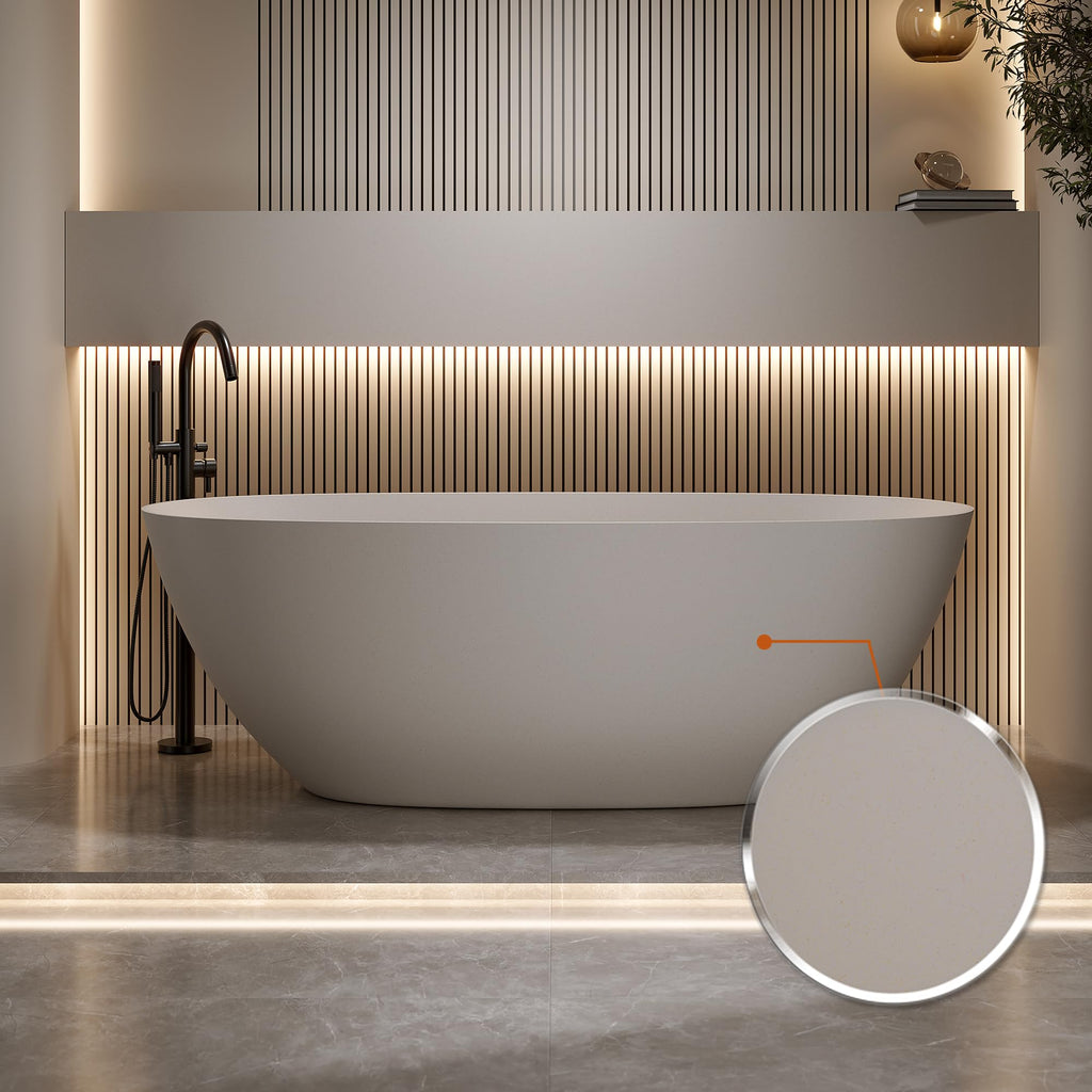KEIKI 69" Freestanding Bathtub, Resin Stone Soaking Bathtub Solid Surface Modern Tubs with Overflow and Pop-up Drain, Beige