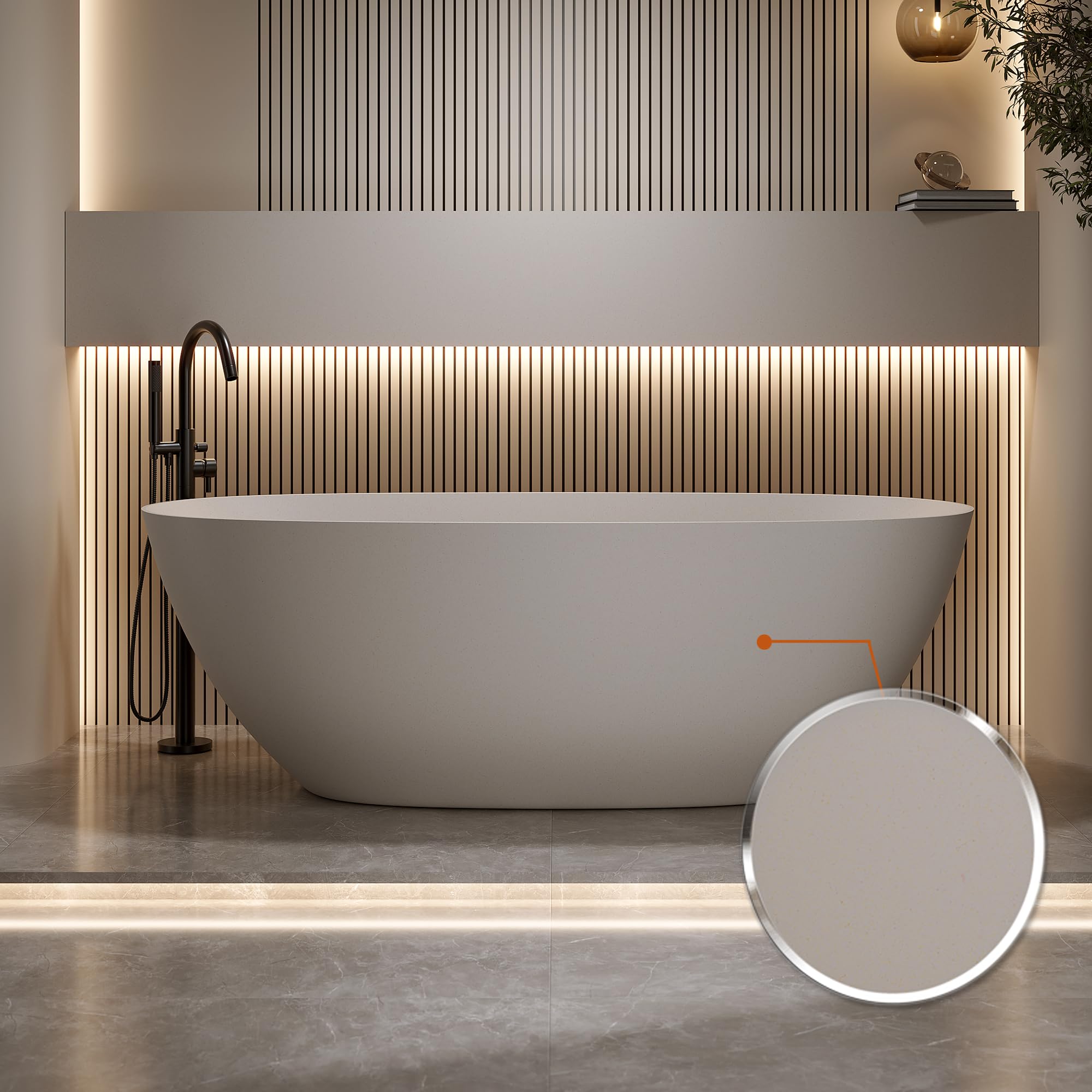 KEIKI 69" Freestanding Bathtub, Resin Stone Soaking Bathtub Solid Surface Modern Tubs with Overflow and Pop-up Drain, Beige