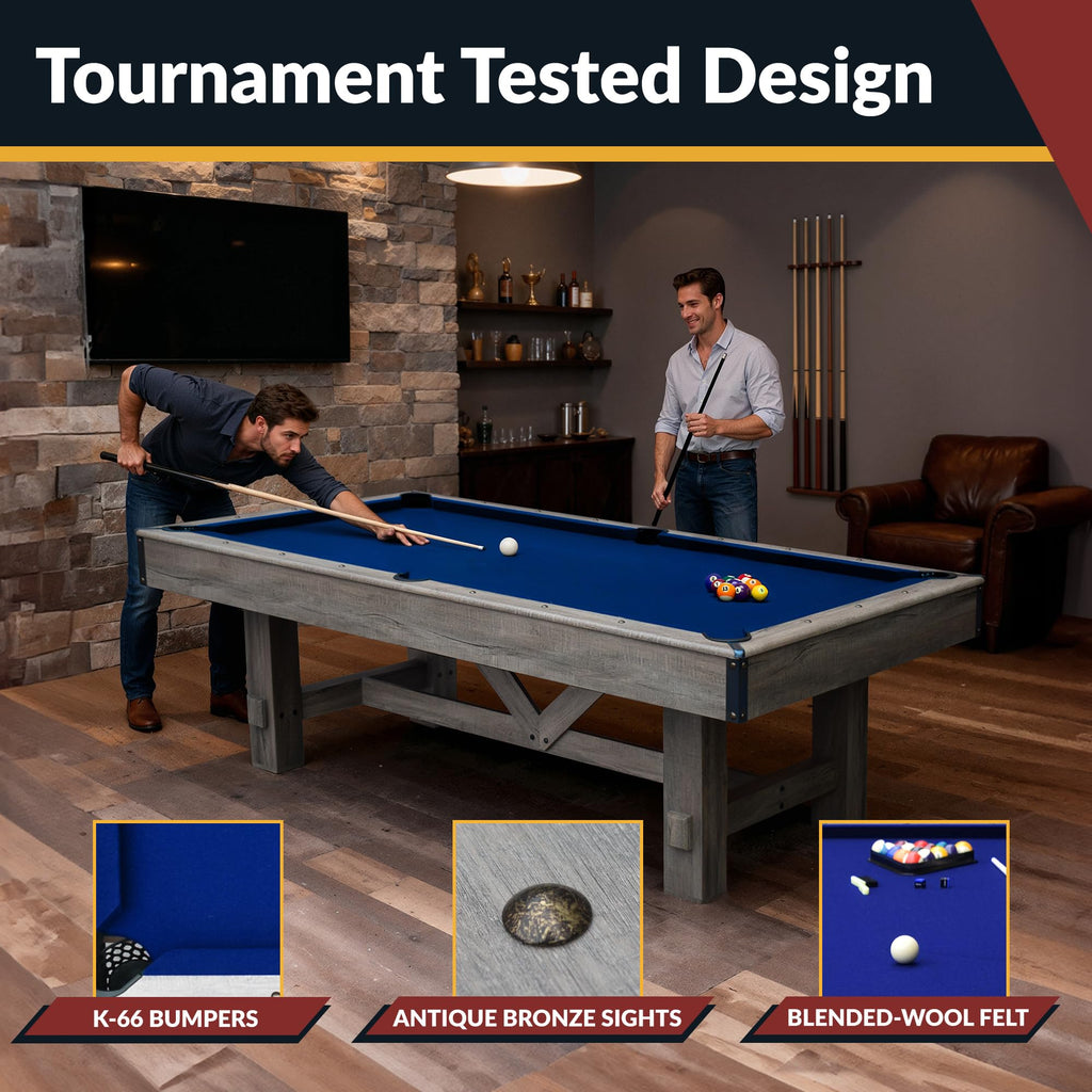 Hathaway Logan 7 Foot Pool Table Combo with Benches – Billiard Table with Ping Pong and Dining Tops – Comes with Complete Game Accessories and Built-In Storage - Rustic Gray Barnwood Finish, Blue Felt