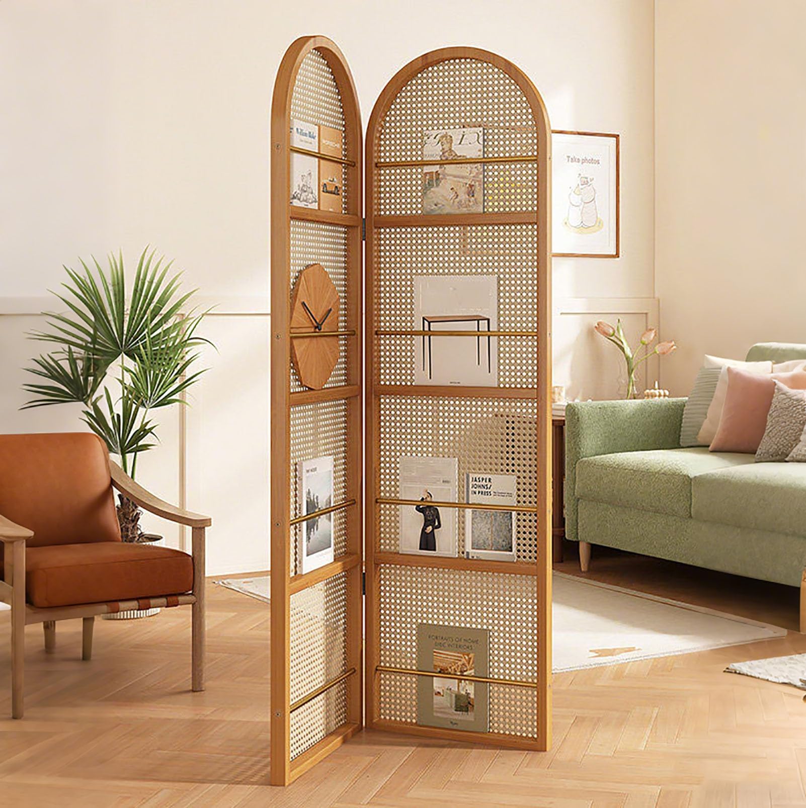 Rattan Room Divider Portable Partition with Built-in Bookshelf, 67" Foldable Privacy Screen for Room Separation, Home Office, Bedroom, 2 Panel Design