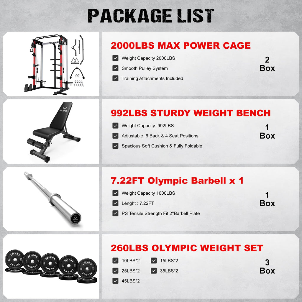 JELENS C21 Power Cage, 2000LBS Multi-Function Power Rack with Independent Dual Pulley System, All-in-One Squat Rack for Cable Crossover, Home Gym Workout Machine (Red, 260LBS Black)