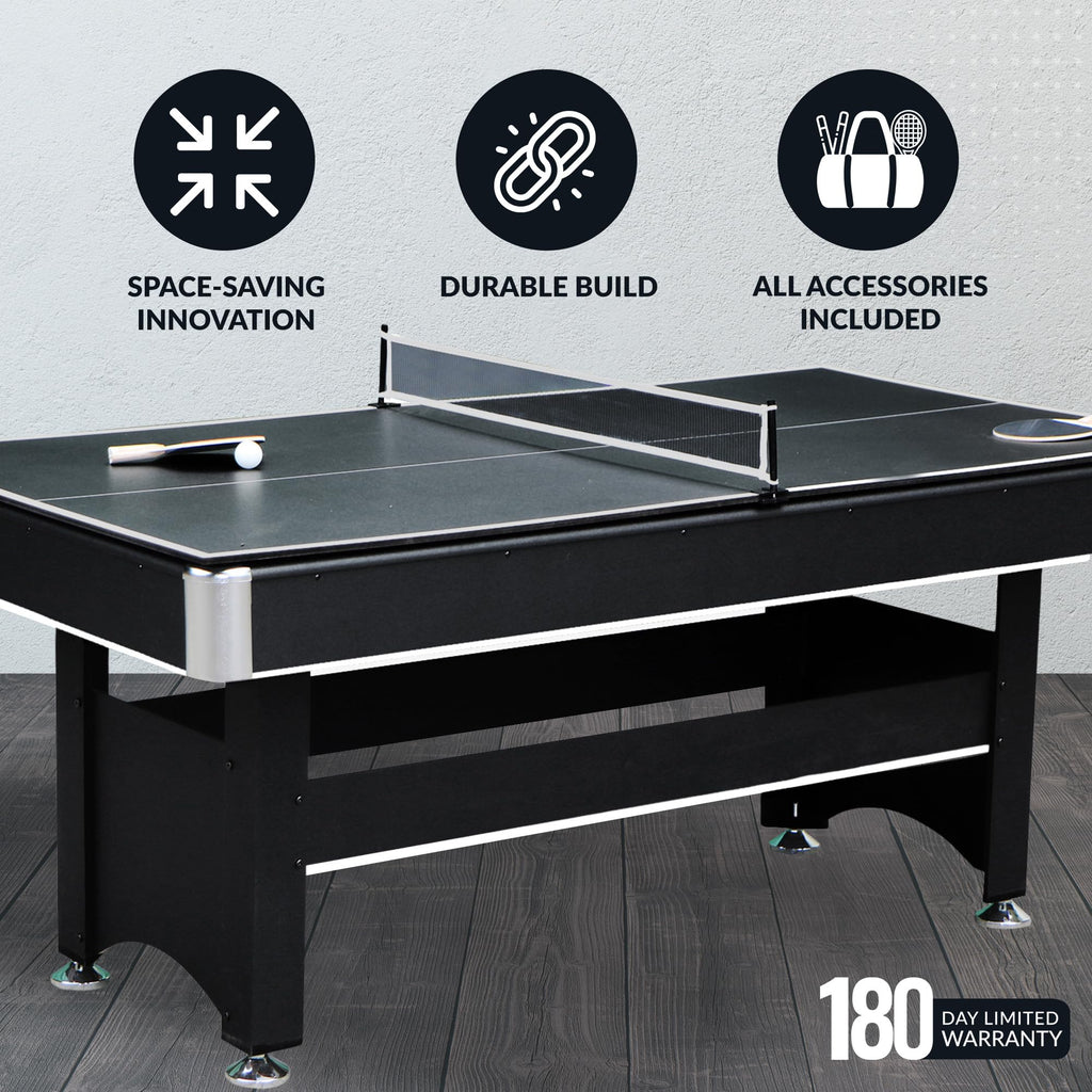 Hathaway Spartan 2-in-1 6ft Pool Table with Ping Pong Top for Game Room – with Red Felt, Engineered Wood Frame, Drop Pockets, Cues, Balls, Triangle, Chalk, Net, Paddles, Balls – Black Finish