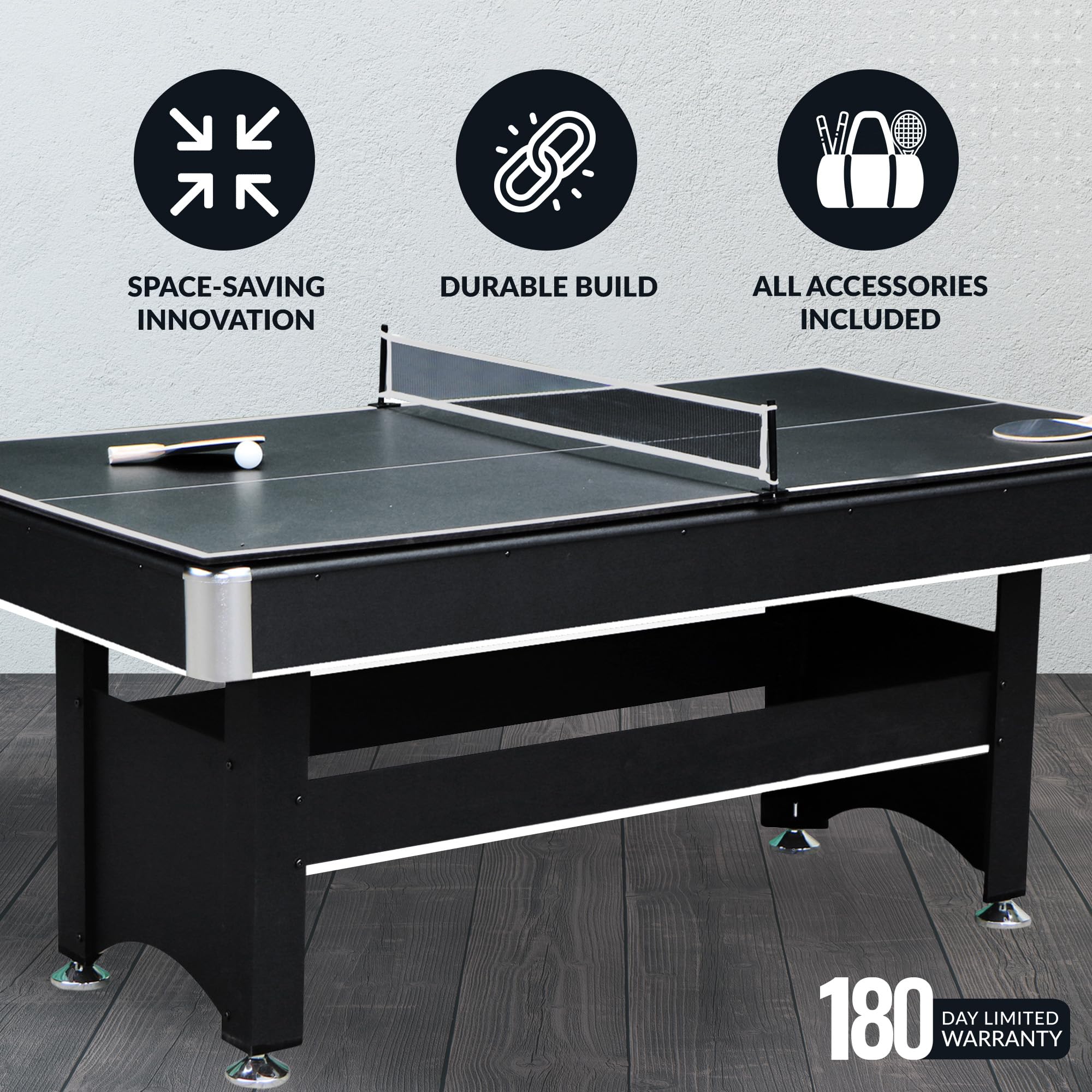 Hathaway Spartan 2-in-1 6ft Pool Table with Ping Pong Top for Game Room – with Red Felt, Engineered Wood Frame, Drop Pockets, Cues, Balls, Triangle, Chalk, Net, Paddles, Balls – Black Finish
