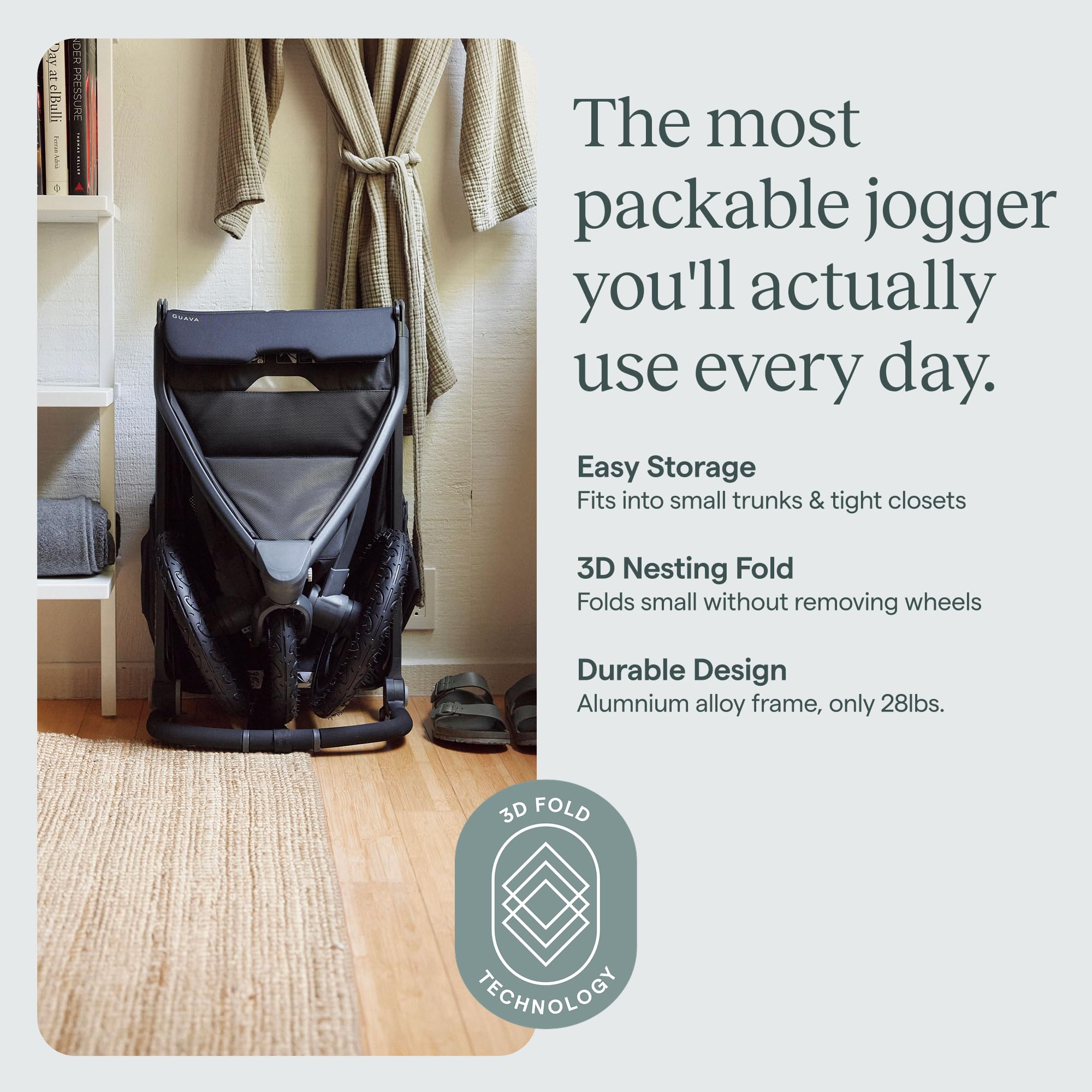 Guava Roam Jogging Stroller with 3D Nesting Fold | Compact-Folding Baby & Toddler Travel Stroller | All-Terrain Running Stroller | Portable Folding Stroller up to 60 lbs