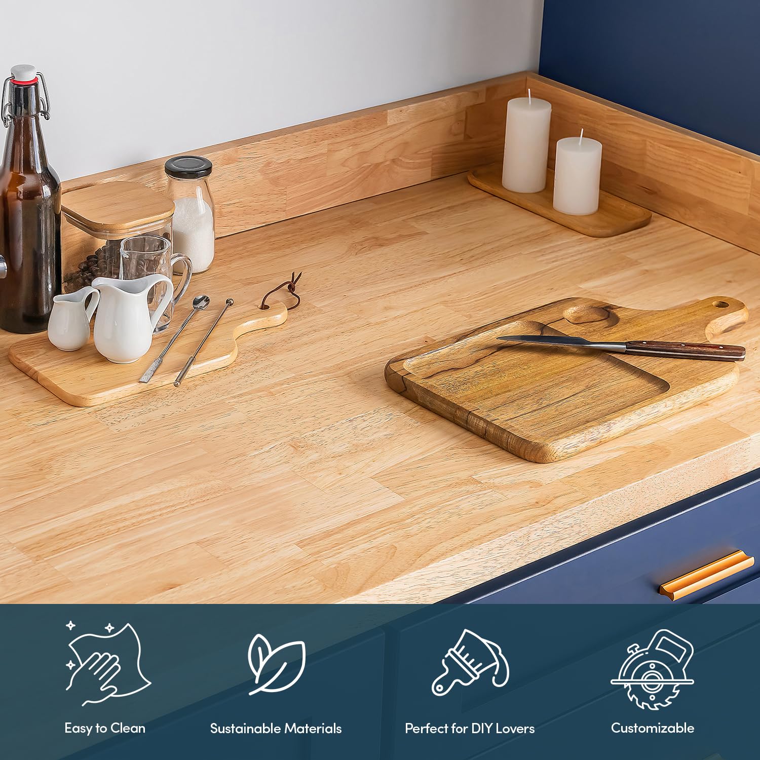 AllForWood 60''L x 36''W x 1.5''Th Hevea Solid Wood Butcher Block Countertop, Butcher Block Table Top for DIY Washer Dryer/Island/Kitchen Countertop (Unfinished)