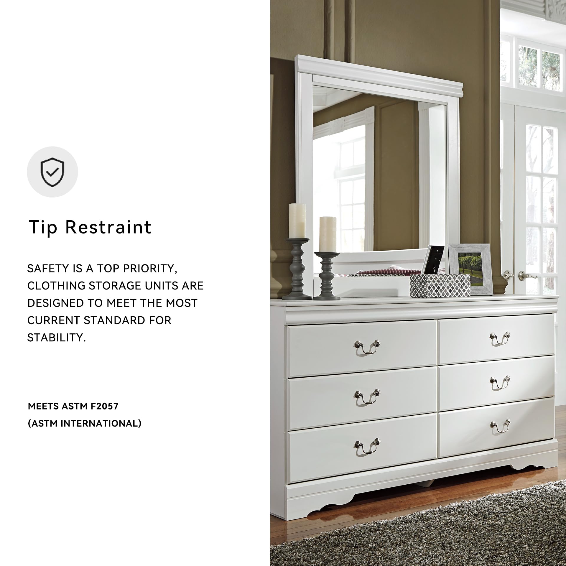 Signature Design by Ashley Anarasia Traditional Smooth-Gliding 6-Drawer Dresser and Mirror with Safety Stop, White