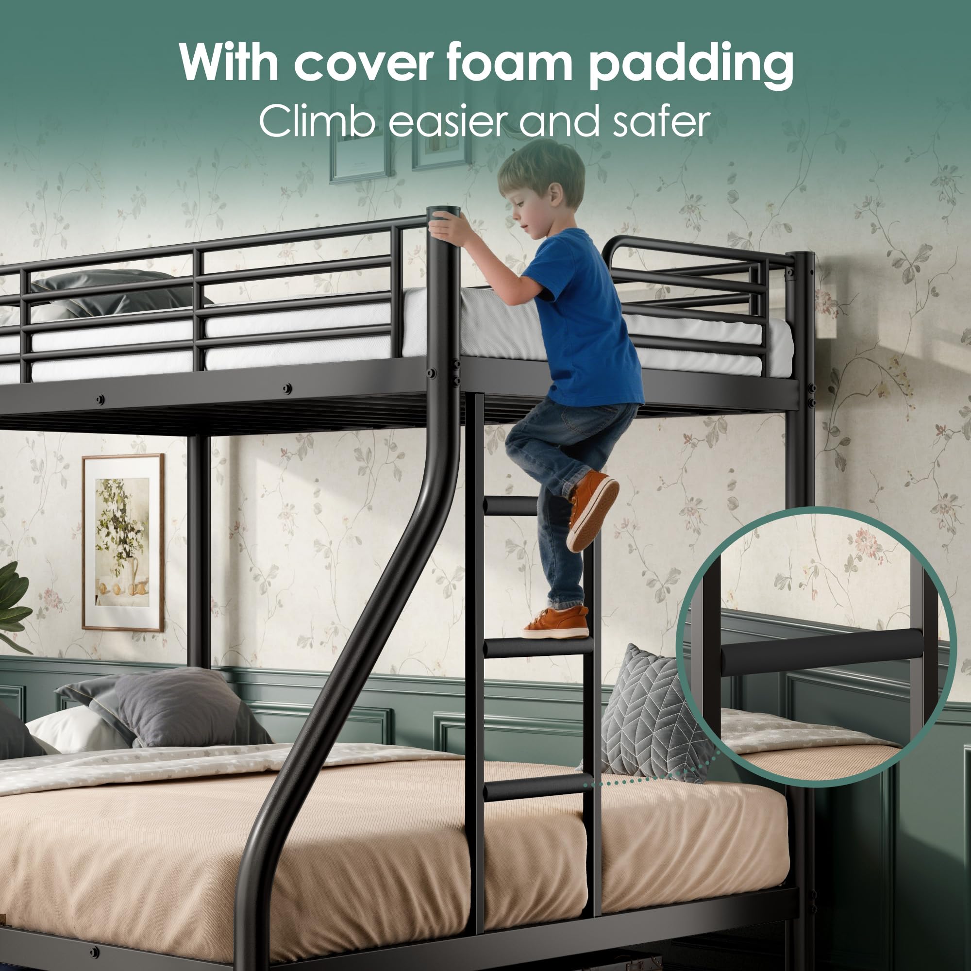 Cyranture Twin XL Over Queen Bunk Bed Size, Heavy Duty Bunk Beds with Bottom Space & Guardrail Metal Bunk Bed Frame for Adults Dorm Bedroom Guest Room, No Box Spring Needed（Upgrate Black）