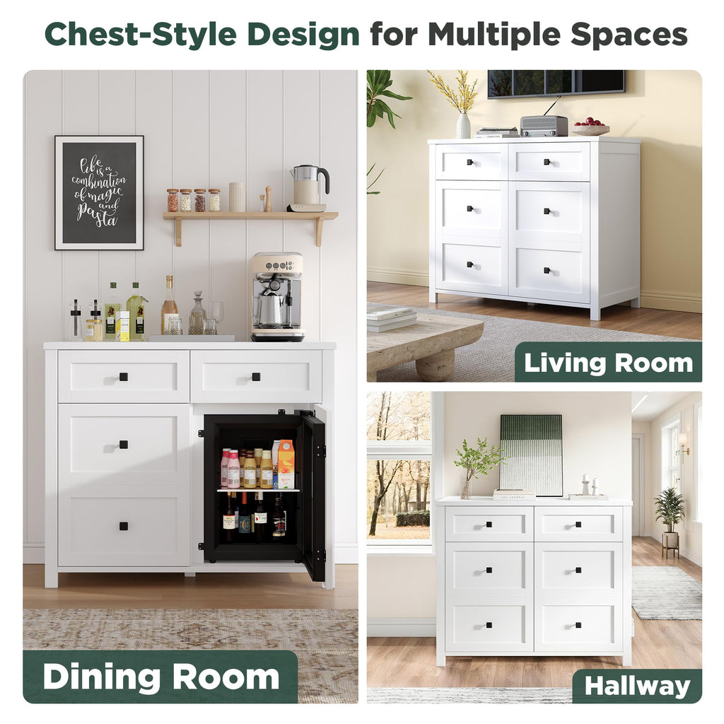 LUXOAK 41 Inch Sideboard Buffet Cabinet with Built-In Mini Fridge, 24-Can Beverage Cooler, TV Stand with Drawers & Storage for Living Room, White