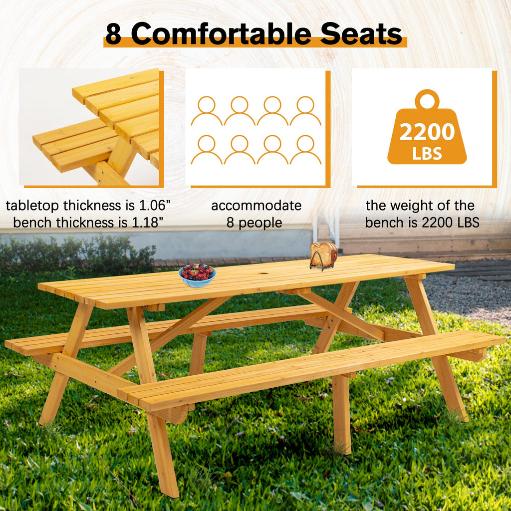 RocVanc Premium Picnic Tables Outdoor Wooden Picnic Table Set with Benches & Umbrella Hole - Stylish and Spacious Seating for 6-8 People - Perfect for Backyard, Porch, and Garden Gatherings