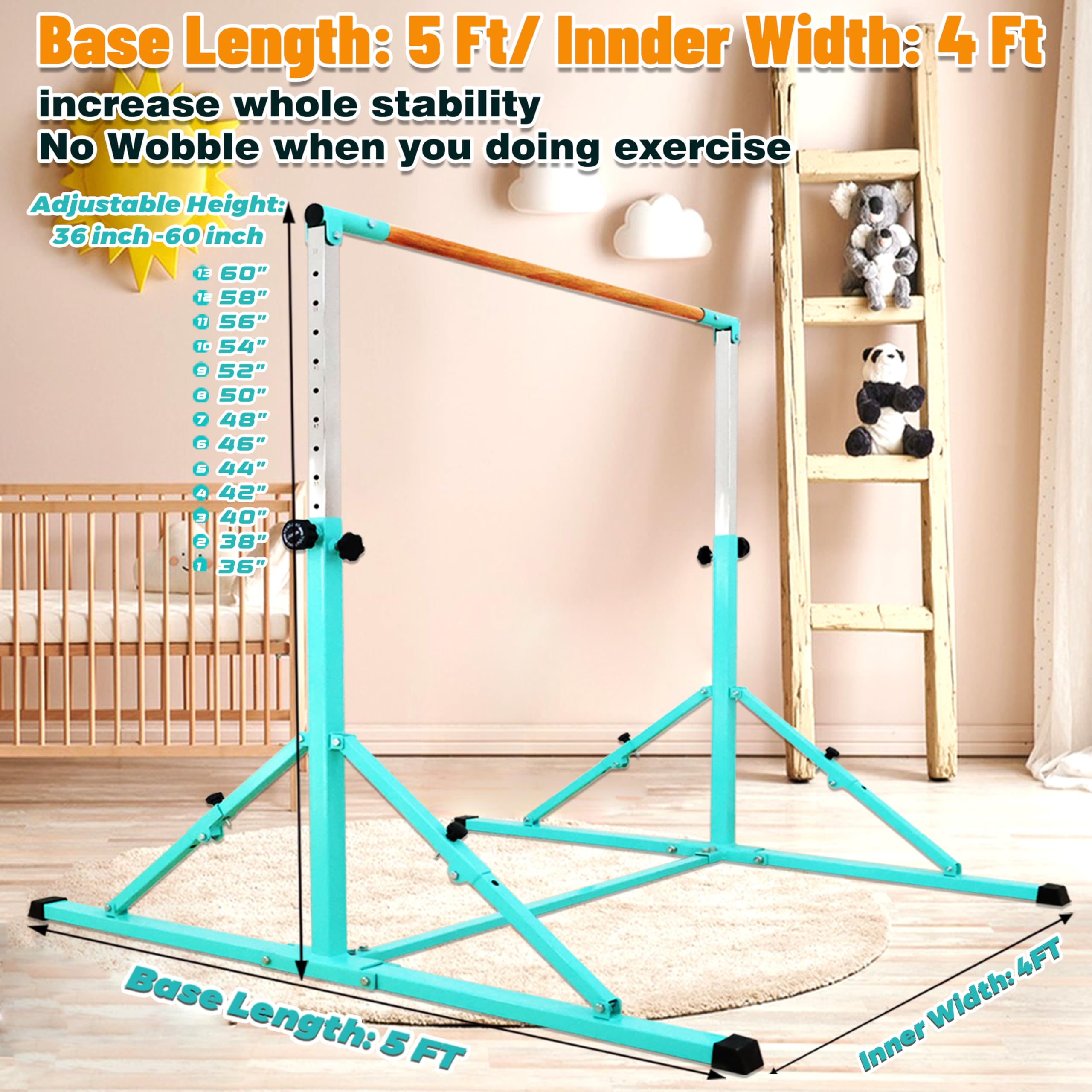 Marfual 5 Ft Fold Gymnastic Bar with Mat Kip Bar with Mat with Professional 4 Ft Width for Kids and Girl and Teenage Home and Club Use