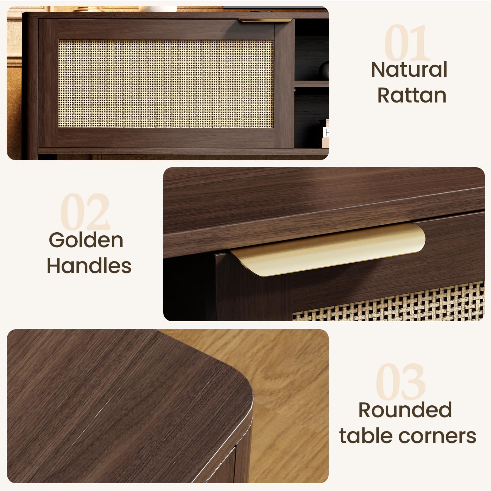 IKALIFE Rattan TV Stand for Living Room - Fits up to 85 Inch TVs, Rattan Media Console Table with Adjustable Shelves & 2 Storage Cabinets, Mid-Century Modern Entertainment Center, Walnut 80"