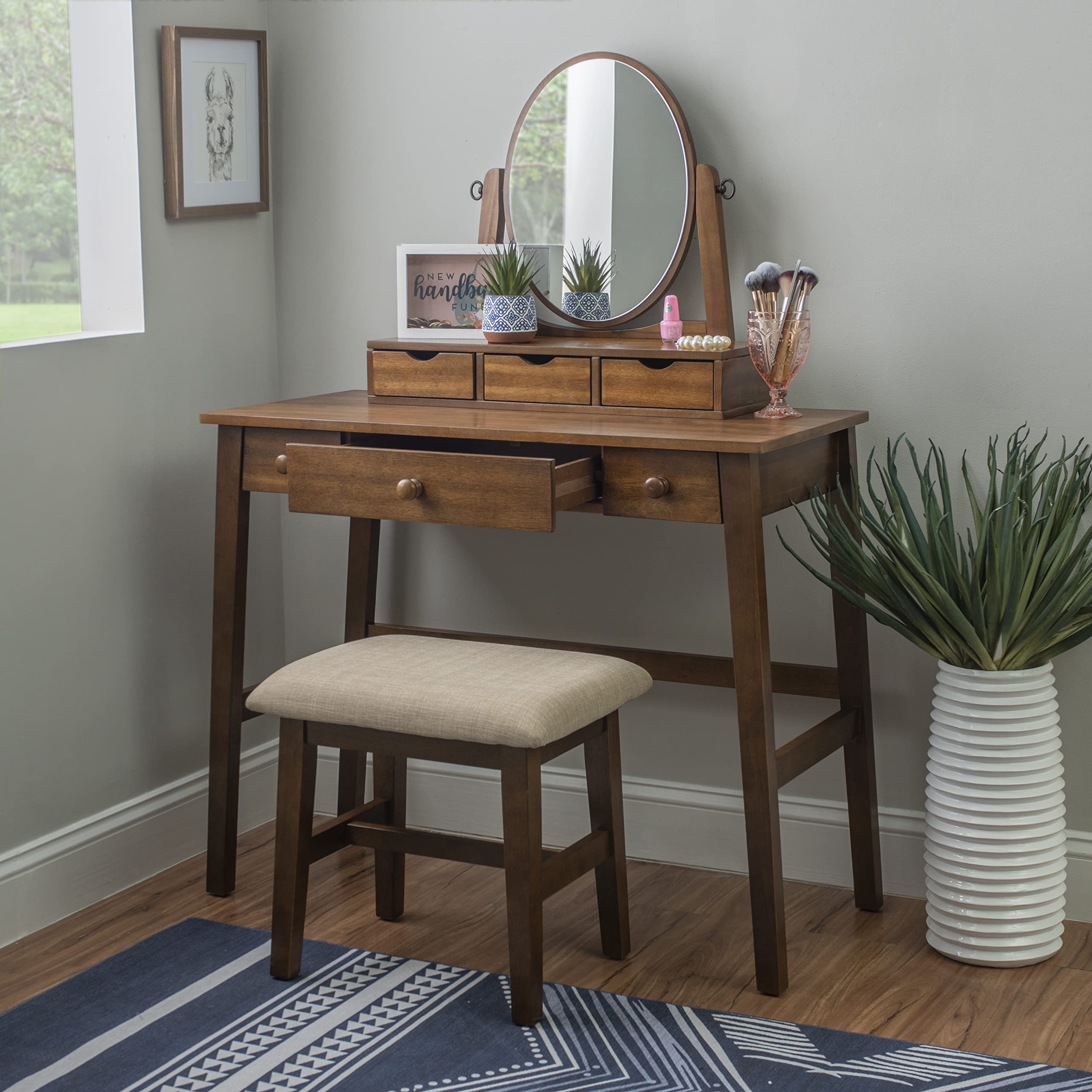 Linon MidCentury Walnut Upholstered Seat Beverly Vanity Set, Medium
