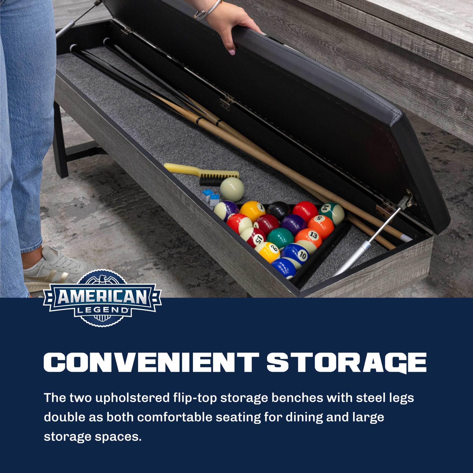 American Legend 3-in-1 Pool + Poker Dining Table - Instant Transformation - Premium Black Felt - XL Flip Top Bench Storage - Modern Design