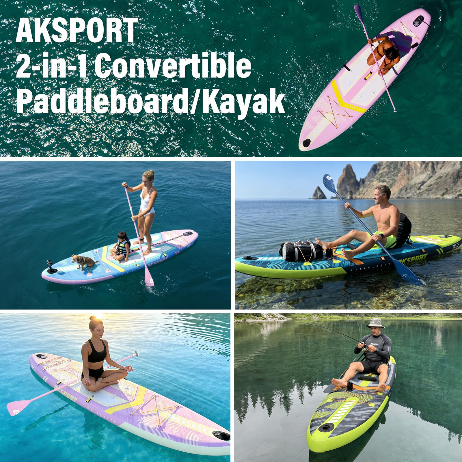 AKSPORT 11' Inflatable Stand-Up Paddle Board with Upgraded SUP Accessories Kit | Extra Wide 34" Design | Non-Slip Deck | Premium SUP Board for Adults & Youth of All Levels