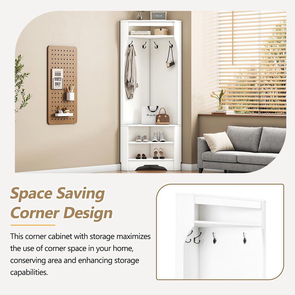 Minimalist Corner Hall Tree with Shoe Bench and 4 Hanging Hooks,Multi-Functional Entryway Coat Rack with Shoe Shelf,Corner Cabinet with Adjustable Shelf for Hallway, Living Room,Black (White, Corner)