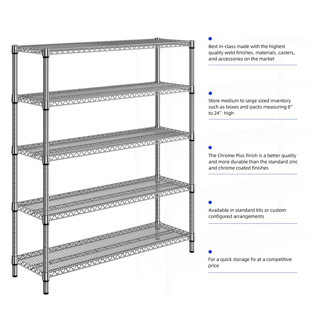M MZG 3500LBS 59" W 5 Tier Storage Shelves Rack Metal Wire Shelving Unit, Storage Standing Shelf Organizer for Laundry Bathroom Kitchen Pantry Closet Garage, Chrome 17.7" D x 59.1" W x 70.4" H
