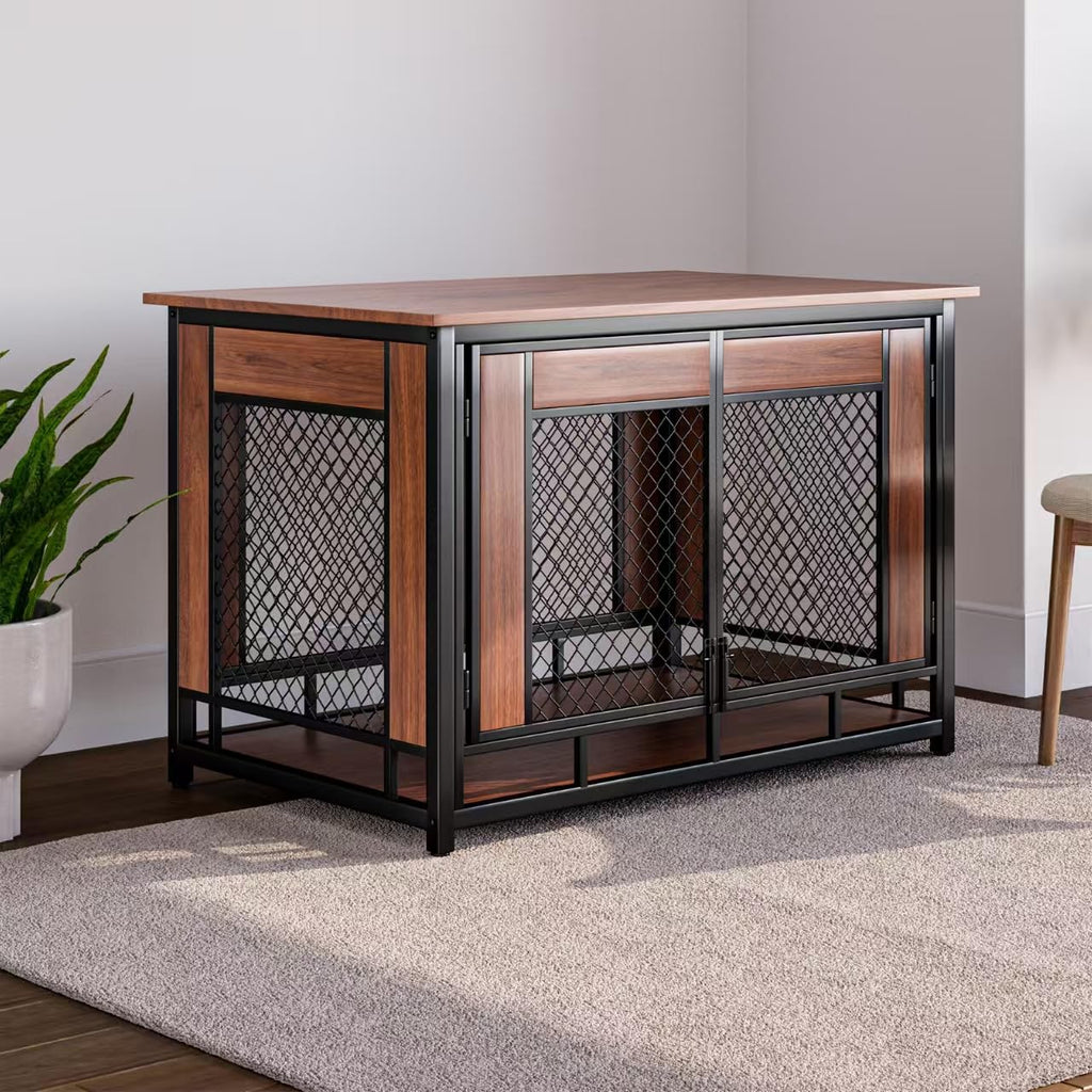 Dog Crate Furniture, 41'' Wooden Dog Kennel Furniture Indoor with Double Doors, Decorative Dog Cage End Table for Medium Large Dogs,Modern Dog Crate with Multi-Purpose Removable Tray,Rustic Brown