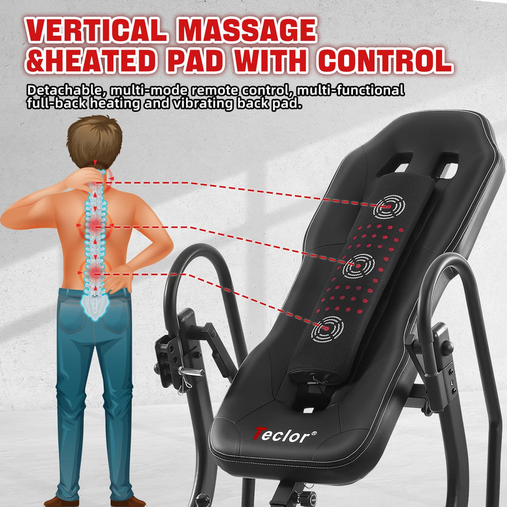 Teclor Inversion Table,Advanced Heat and Massage Function,Strength Training Inversion Table for Back Pain Relief,350 lbs Capacity with Thickened 3D Memory Foam backrest,Black