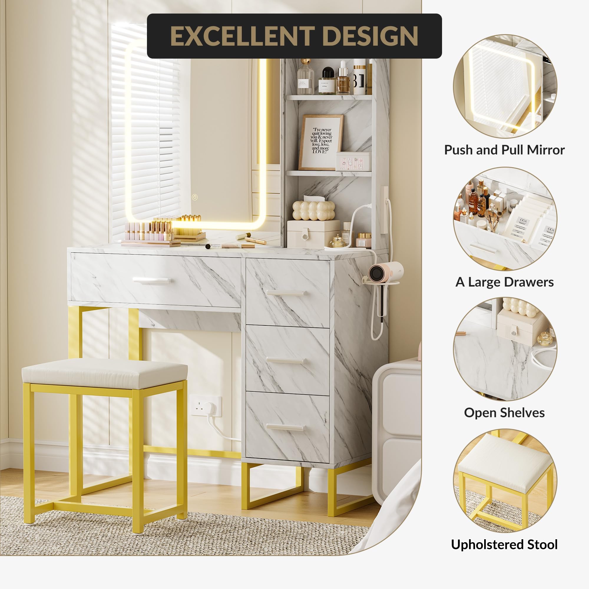 57'' Large Vanity Desk with Mirror & Lights, Makeup Vanity Table with Charging Station, 3 Lighting Modes, Elegant Vanity Set with 4 Drawers and Shelves, Cushioned Stool,Marble White