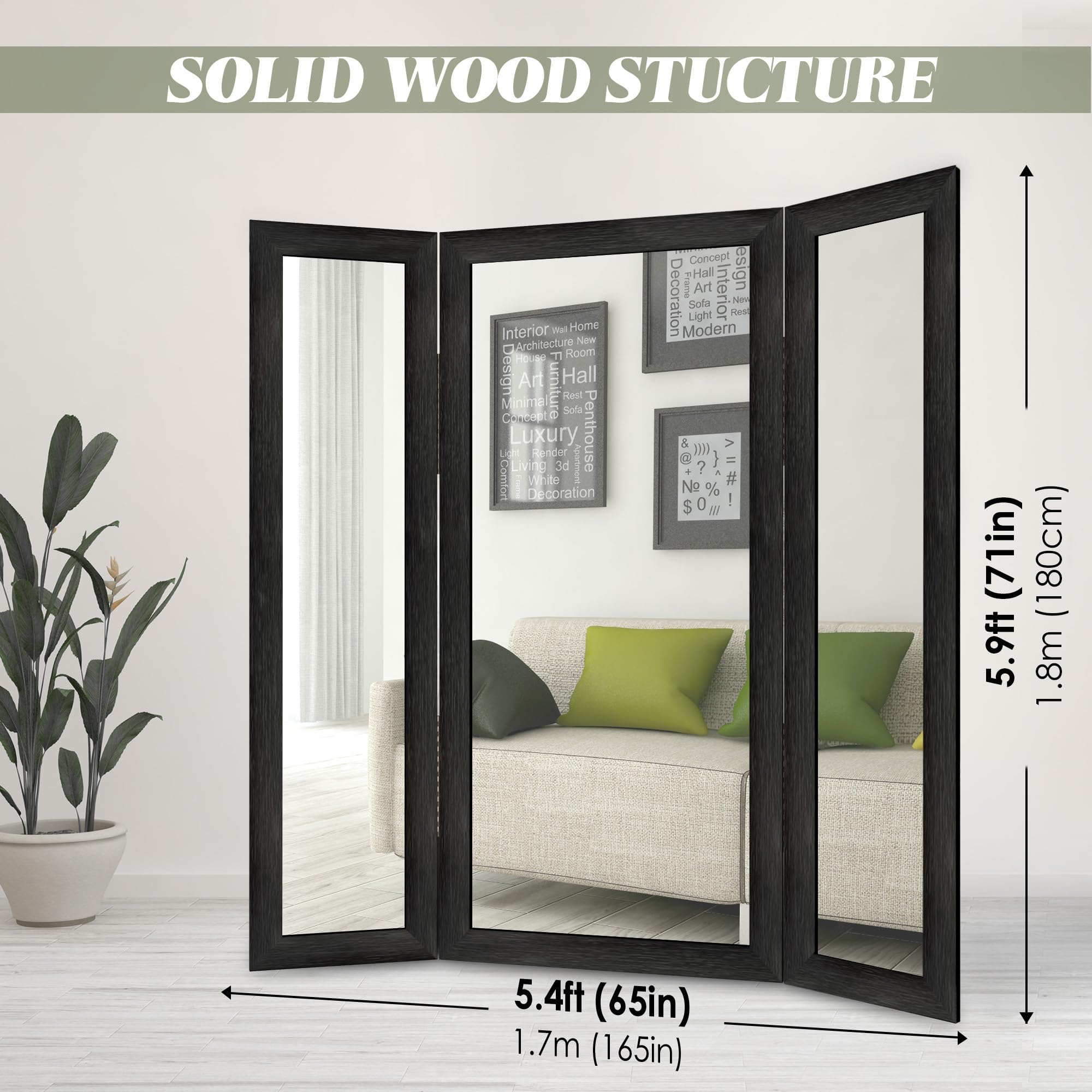 Houseables Trifold Mirror Full Length, 3 Way Mirror, Floor Length, Three Way Folding, Standing, Full Body, Wood Framed, 3 Sided for Bedroom, Makeup, Oversized, Foldable, Black, 71 x 32 to 65 Inch
