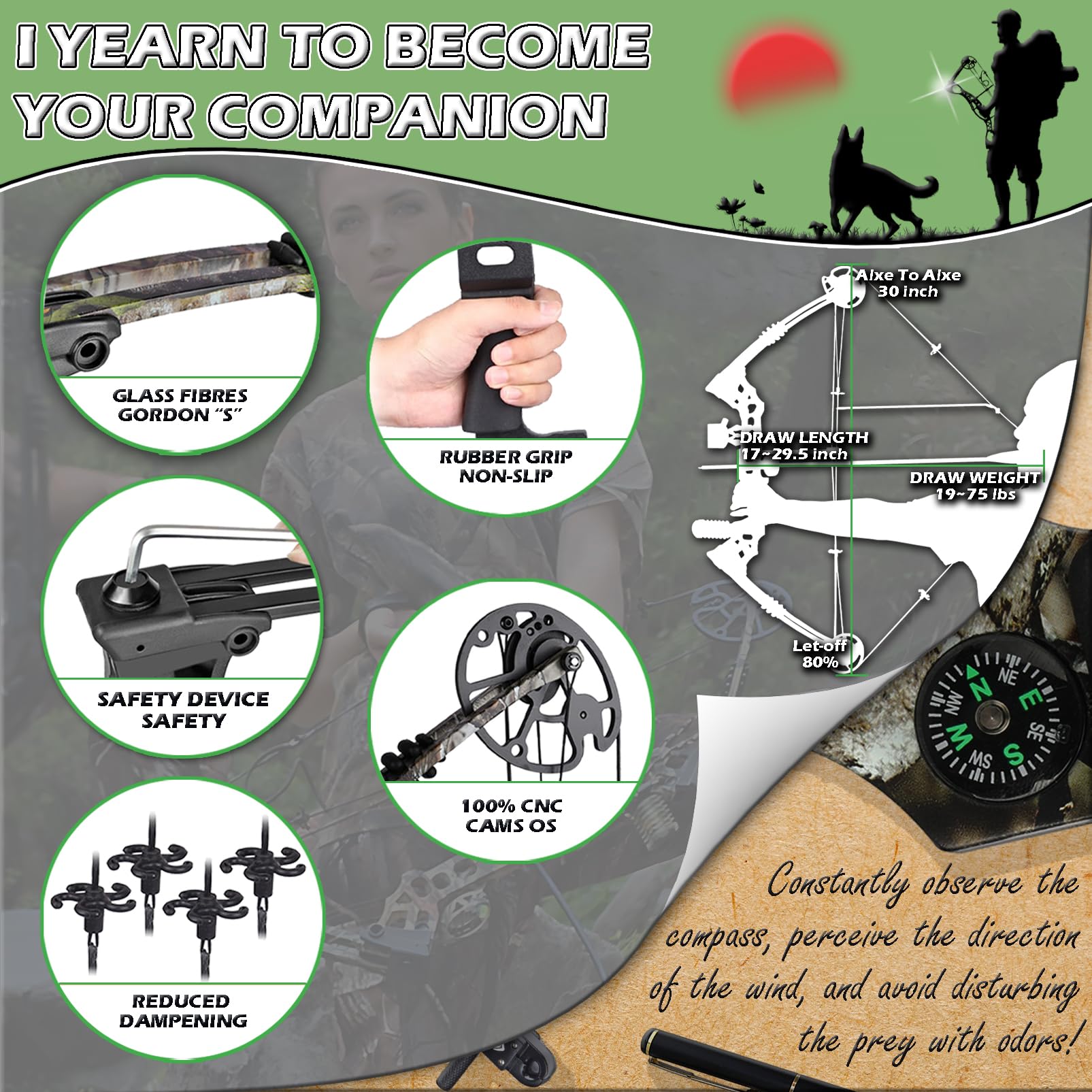 Compound Bow Kit, Hunting & Targeting, Gordon's Limb Made in USA, Draw Weight 19-75 lbs Adjustable, Draw Length 17”-29.5",up to IBO 325FPS Speed, with Archery Hunting Accessories (Right Hand, Camo)