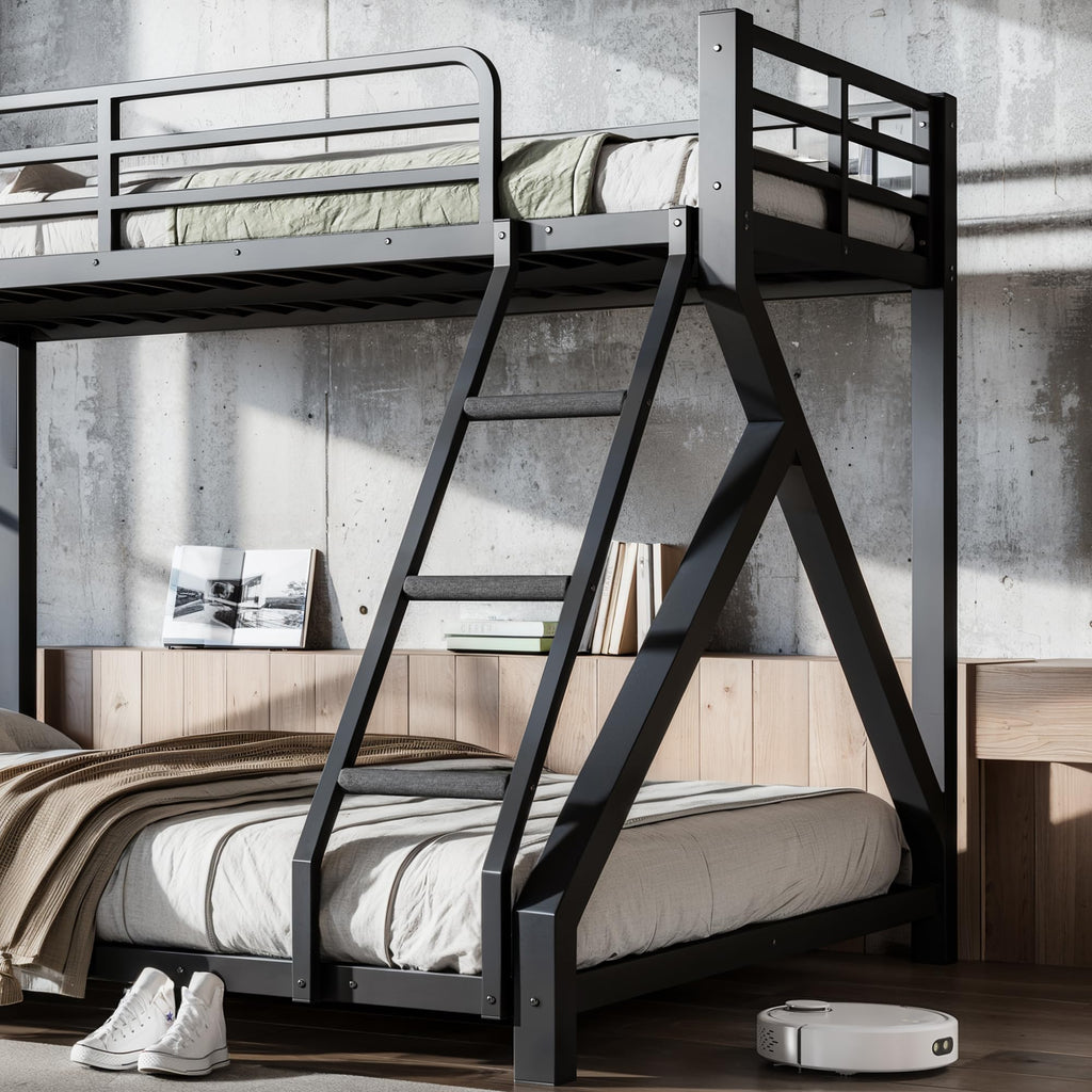 KEIKI Twin XL Over Queen Size Metal Bunk Bed Frame with Ladder & Guardrails, for Teens, Low Profile Design Modern Bunk Bed with Solid Slats, No Box Spring Required, Easy Assembly, for Bedroom, Black