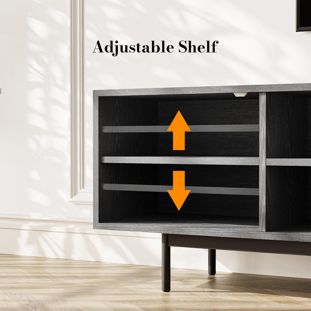 POVISON Full Assembled Mid-Century Modern TV Stand with Slatted Doors, Wood Media Console for 80 85+ Inch TV, TV Console with Tall-cast Metal Legs, Entertainment Center with Storage for Living Room