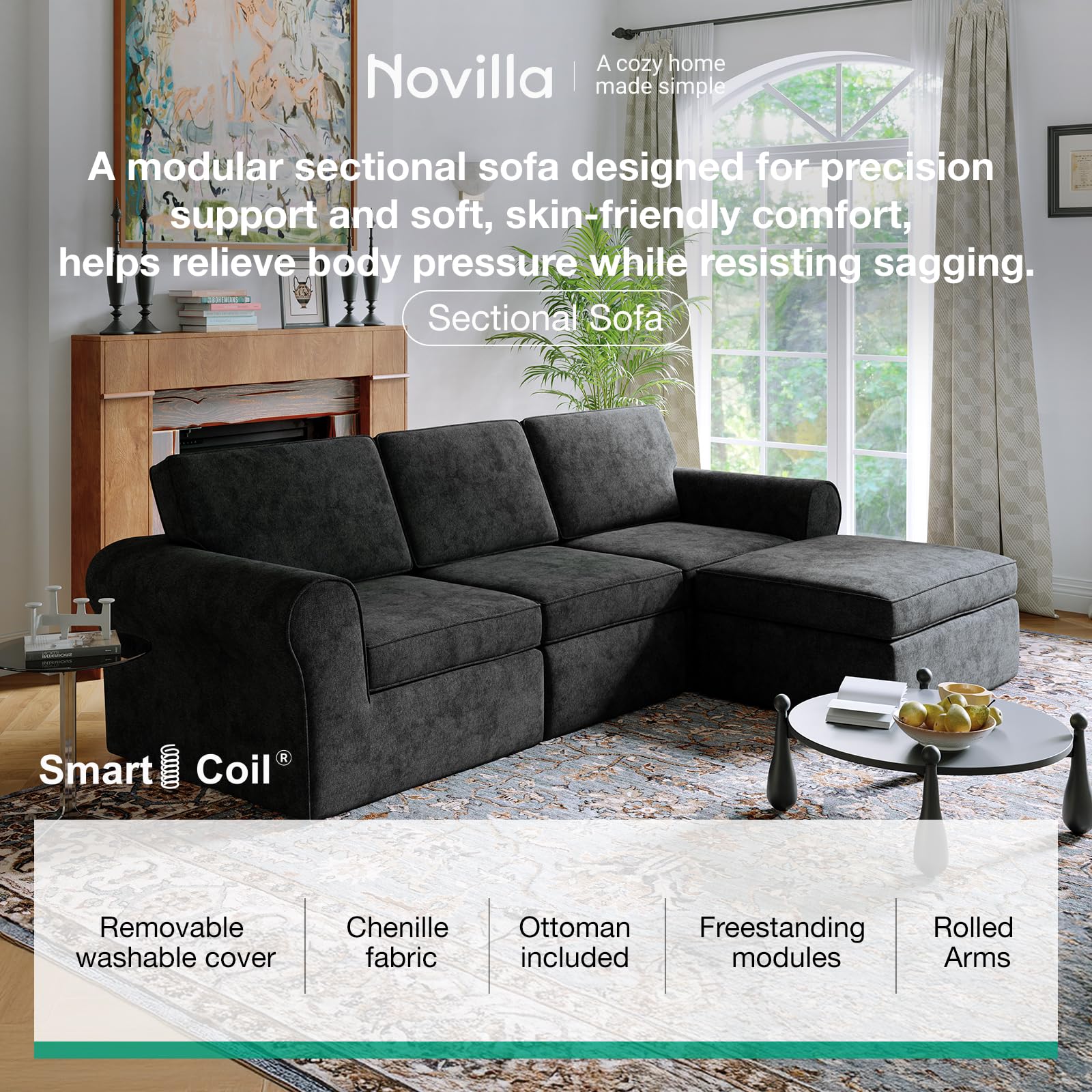 Novilla 108" Modular Sectional Sofa, Modular Sectional Couches for Living Room Bedroom, Chenille Removable Cover Cloud Couch with Smarts Coil® Support L-Shaped Couch(Dark Grey, Left-Arm Chair)