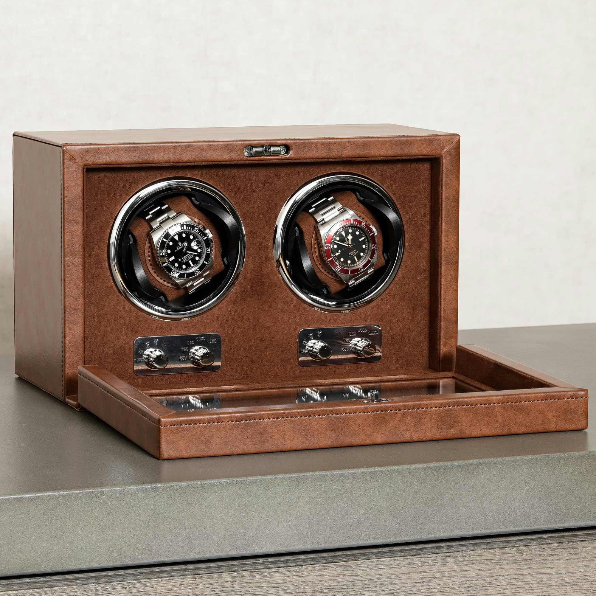 ROTHWELL Double Watch Winder for Automatic Watches with Quiet Motor with Multiple Speeds and Rotation Settings (Tan / Brown)