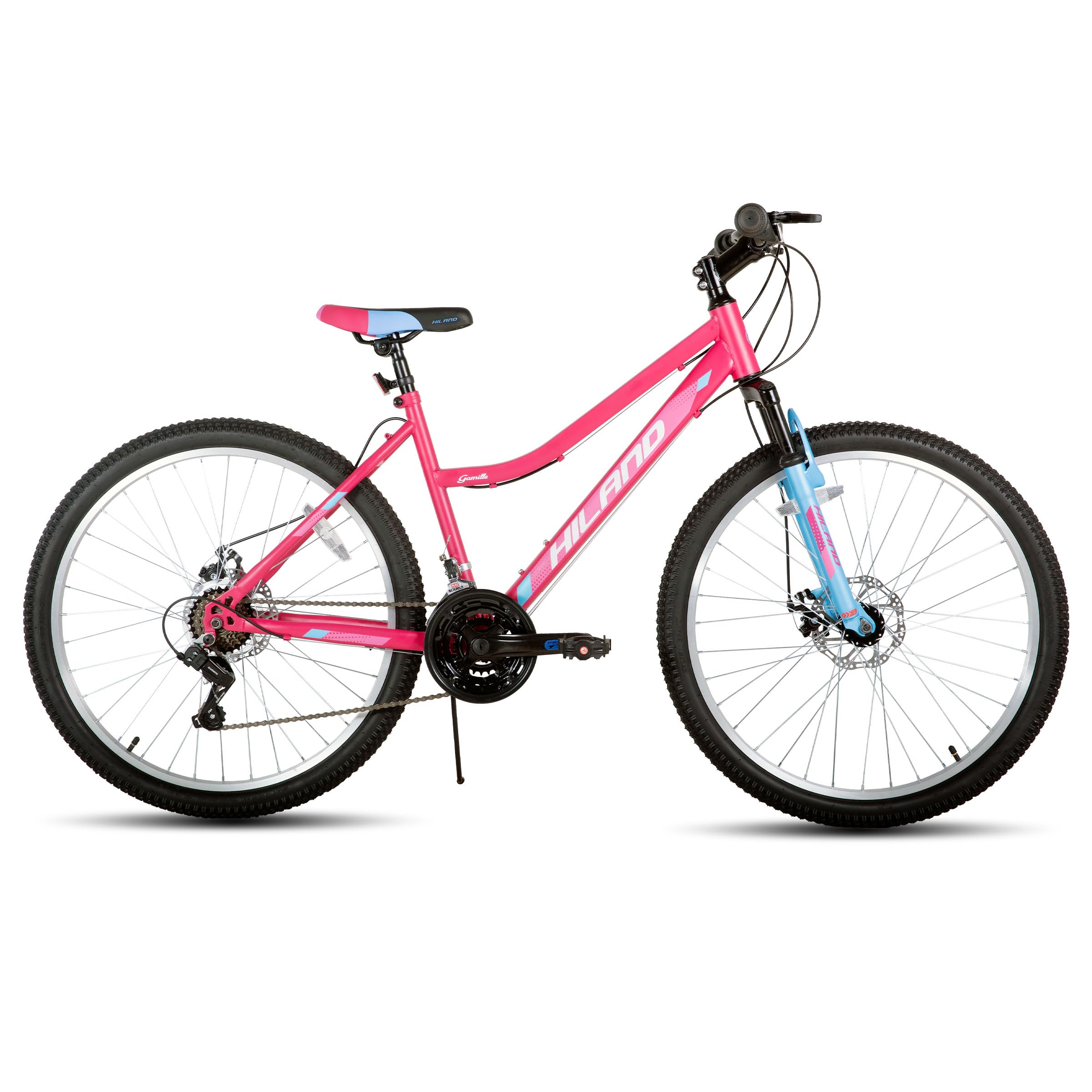 HH HILAND 26 Inch Womens Mountain Bike, with Step-Through Frame, 18 Speeds, Suspension Fork MTB, Bicycle for Women Men Adult Pink