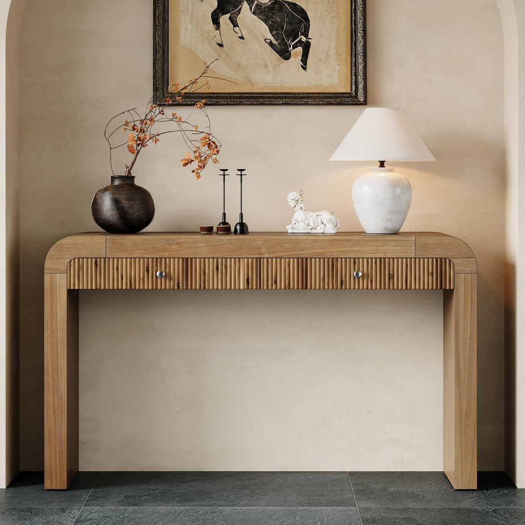 Merax Rustic Console Table with Fluted Drawer Front, Entryway Table with Curved Corners & Thick Legs, Sturdy Sofa Table for Hallway & Living Room, Natural