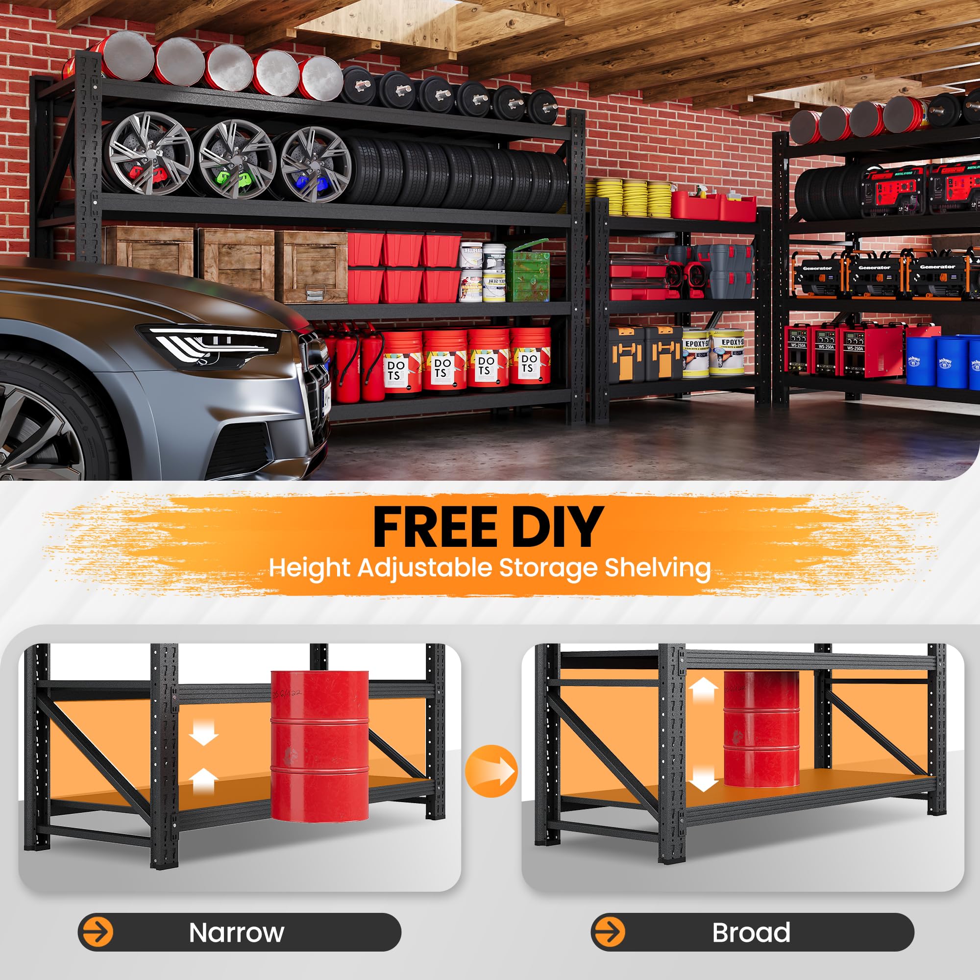 68”W Garage Shelving Units, 8000LBS Storage Shelves Heavy Duty, 24" Deep Metal Shelving Rack, 4 Tier Tall Steel Industrial Shelving , Adjustable Standing Shelf for Warehouse / Shop 68"W x 24"D x 64"H