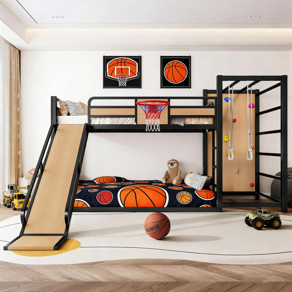 Bellemave Metal Twin Over Twin Bunk Bed Frame with Slide,Twin Size Floor Bunk Bed and Basketball Hoop,Pull-up Rings and Climbing Wall,Heavy Duty Bunk Beds with Bookshelves for Kids Girls Boys,Natural