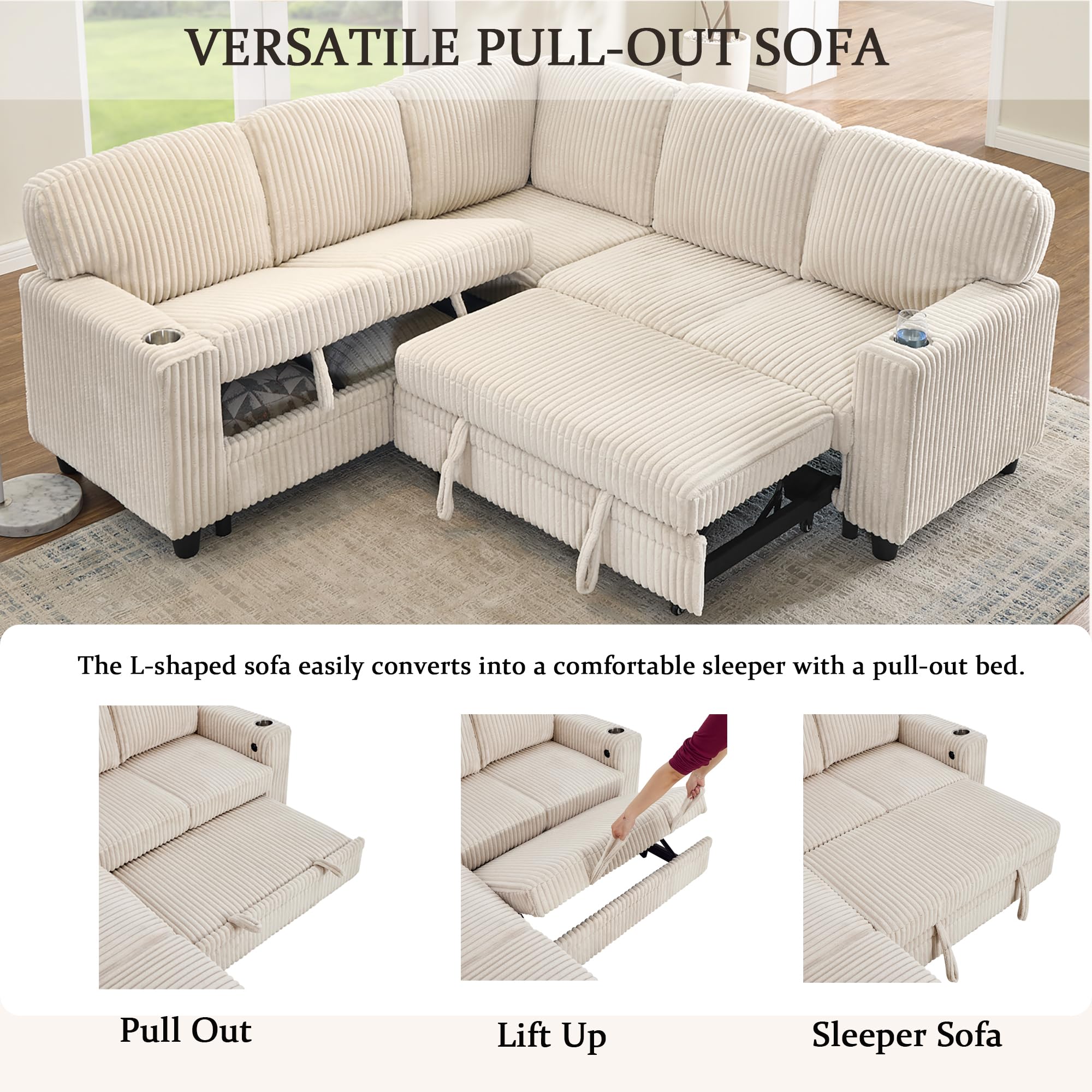 ERYE L-Shaped Symmetrical Sleeper Sectional Sofa W/Pull Out Sleeper Couch Bed and Storage Seat for Living Room, Corduroy Tufted Corner Convertible Sofa Bed with USB-C Ports