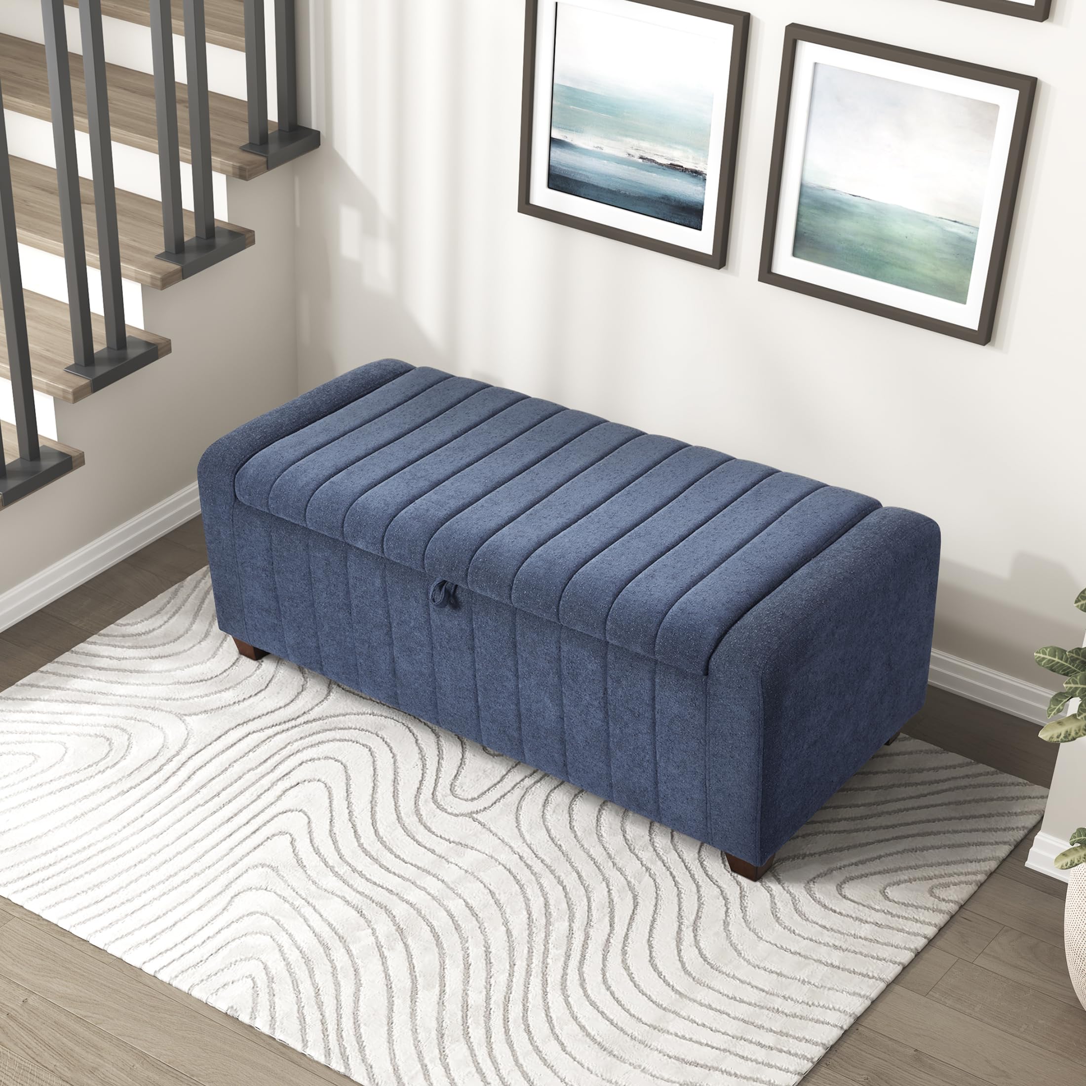 Lexicon Storage Bench, Modern Striped Boucle Upholstered Entryway Bench with Solid Wood Leg Support, Storage Chest for Entryway/Living Room/Bedroom, Blue