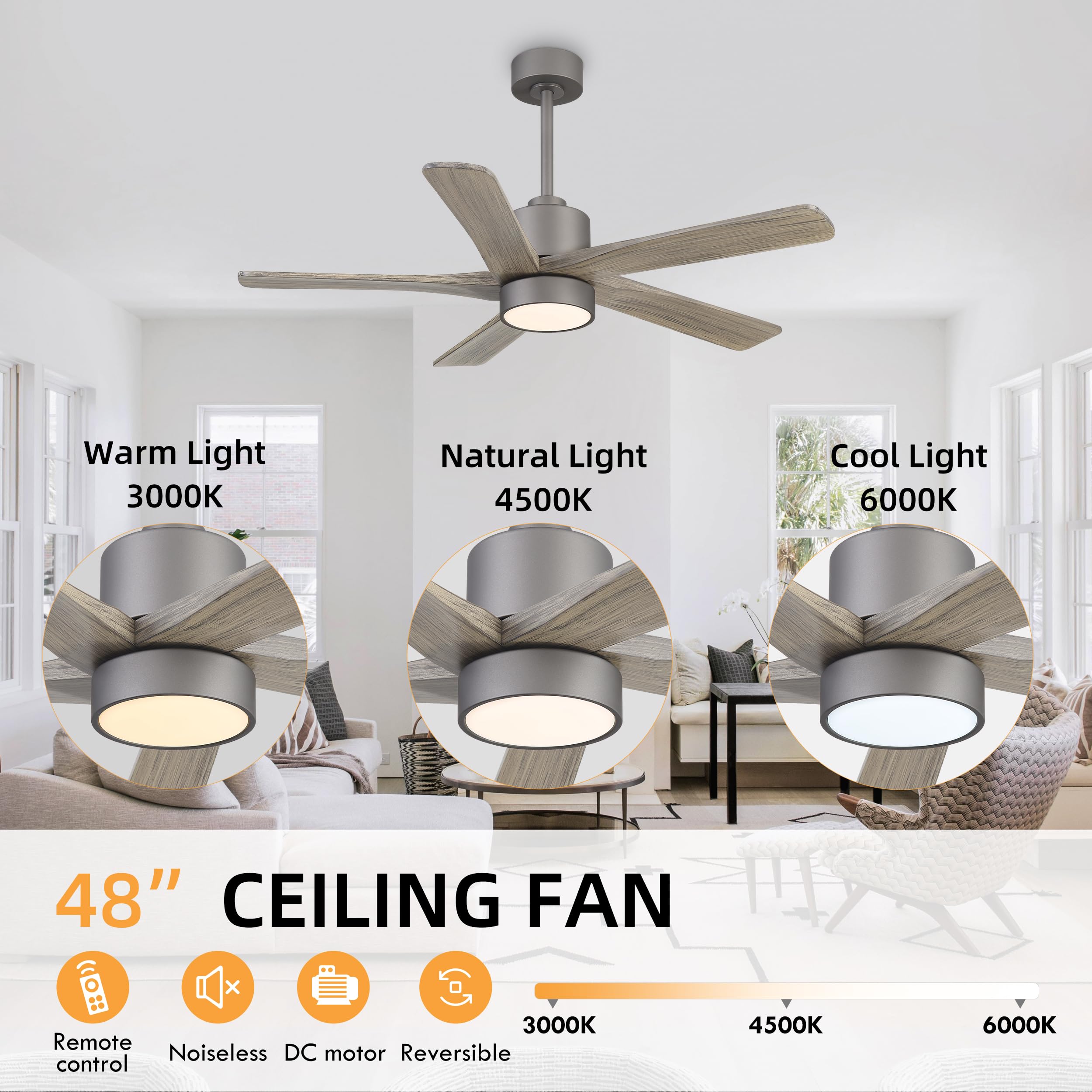 WINGBO 48 Inch DC Ceiling Fan with Lights and Remote Control, 5 Carved Solid Wood Blades, 6-Speed Noiseless Reversible DC Motor, Indoor Ceiling Fan in Graphite Finish with Gray Blades